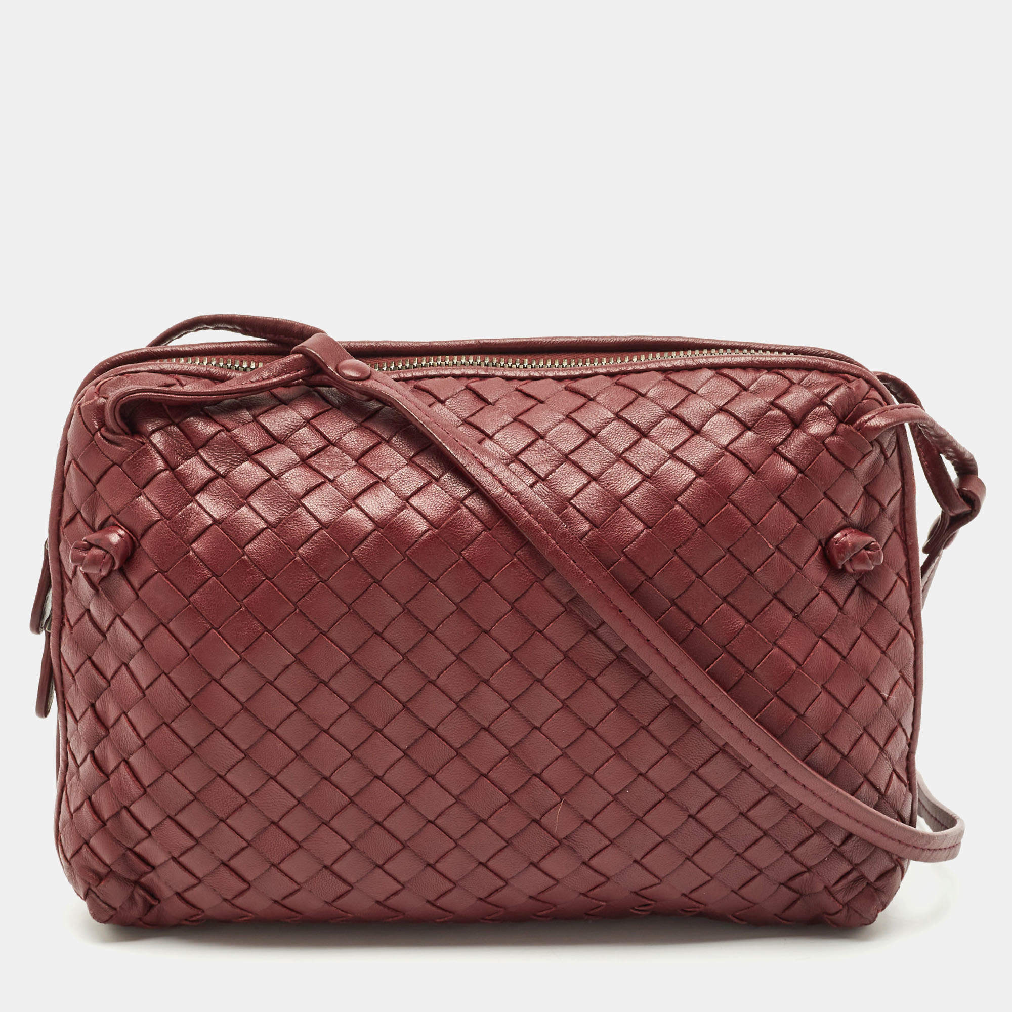 Pre Owned Bottega Veneta Burgundy Intrecciato Leather Nodini Crossbody Bag