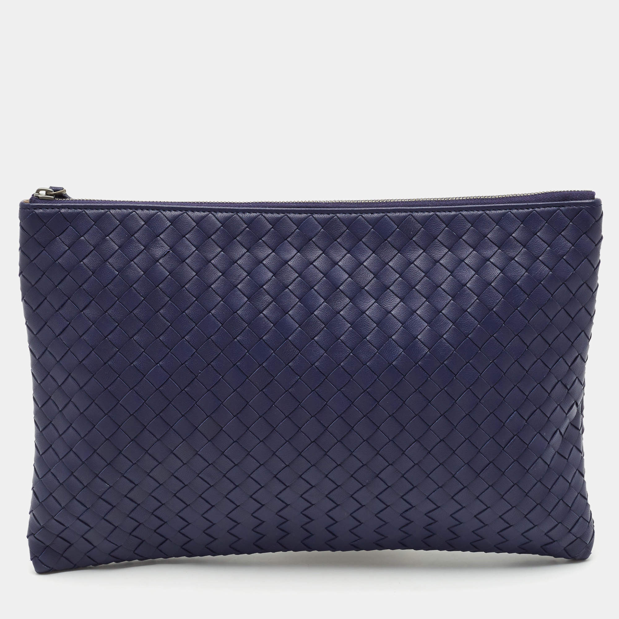 Pre Owned Bottega Veneta Blue Intrecciato Leather Zip Clutch