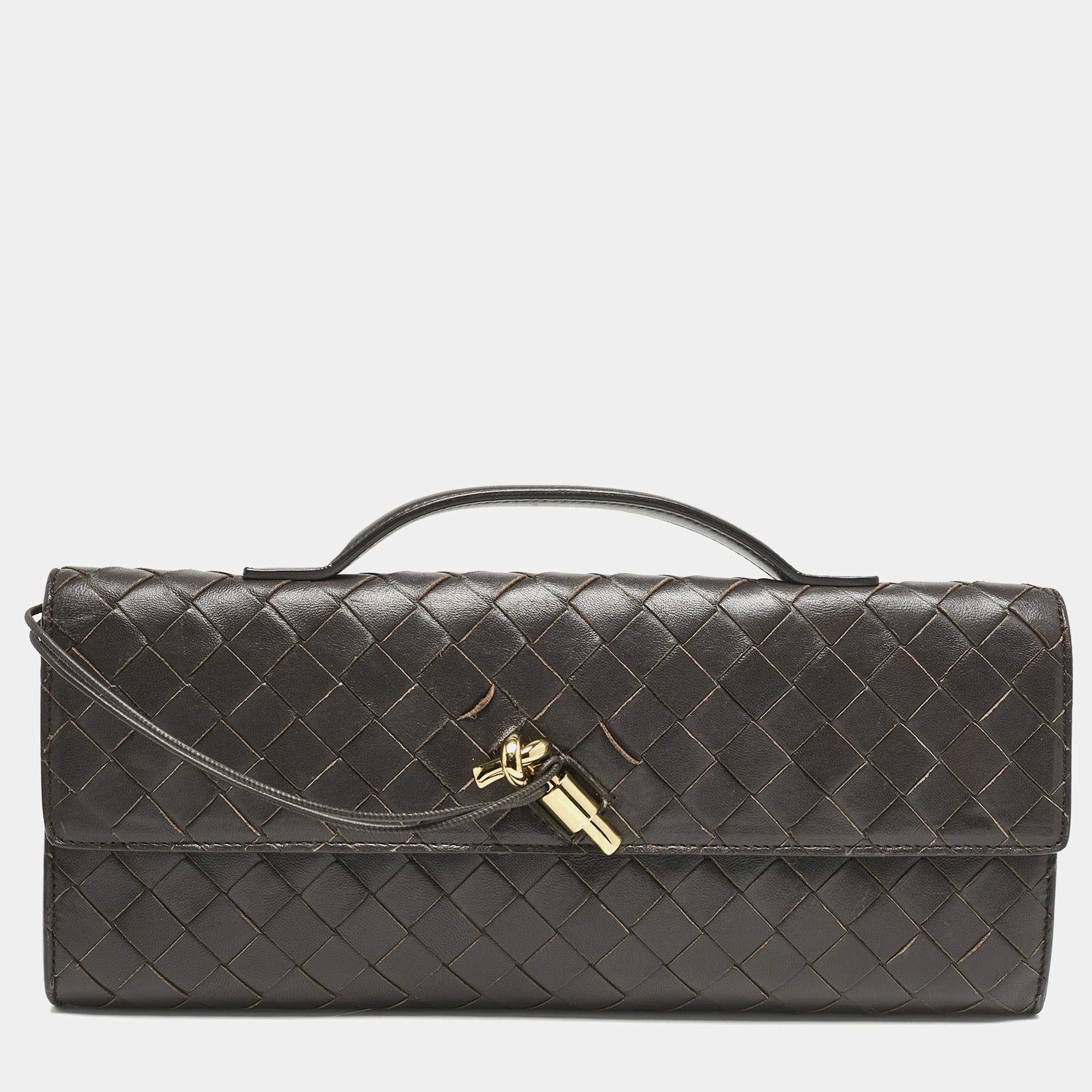 Bottega Veneta Dark Brown Intrecciato Leather Andiamo Long Clutch