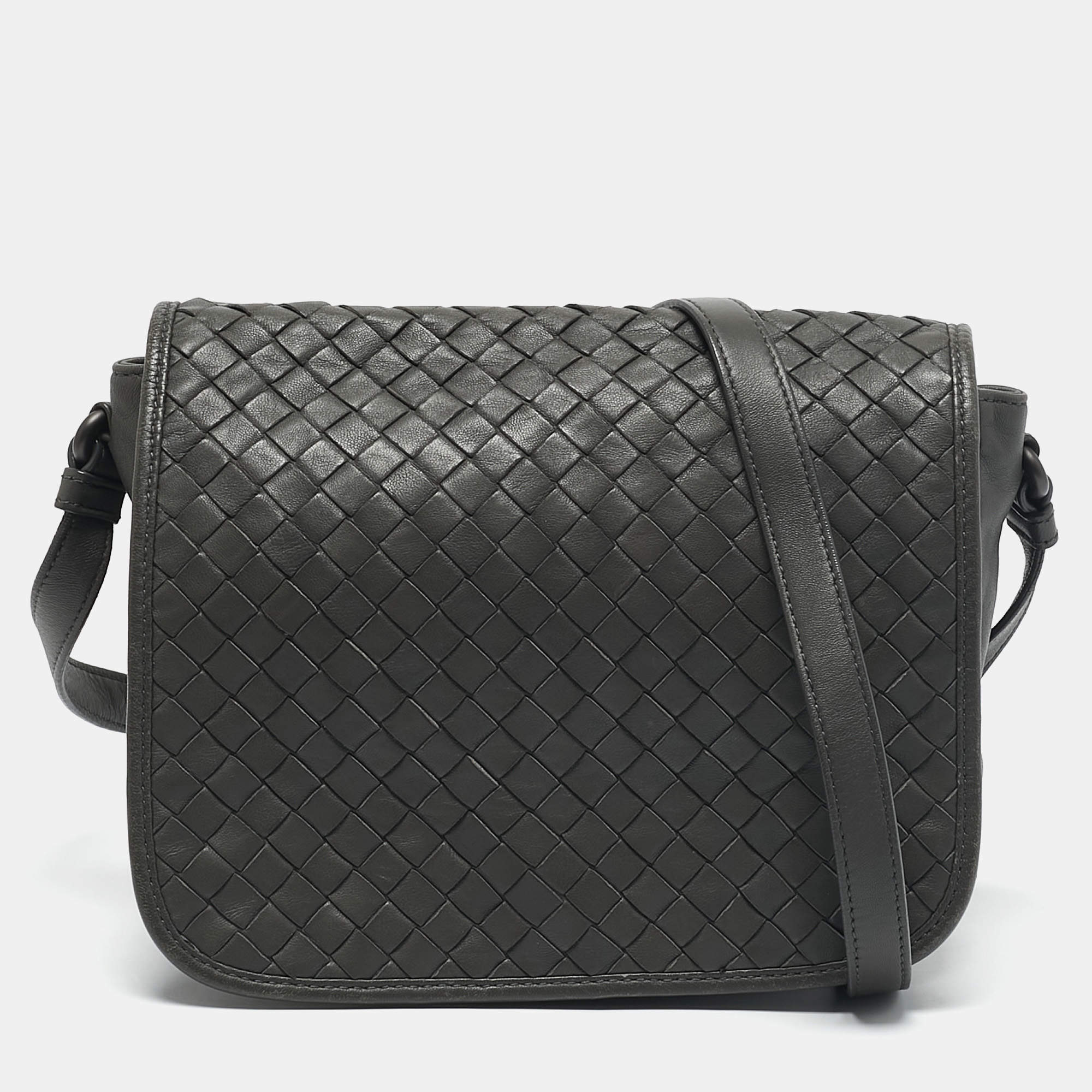 Bottega Veneta Grey Intrecciato Leather Flap Crossbody Bag