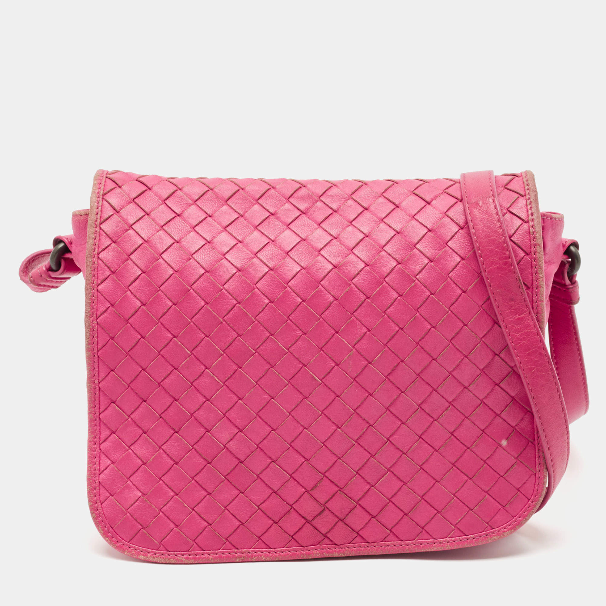 Pre Owned Bottega Veneta Fuchsia Intrecciato Leather Flap Crossbody Bag