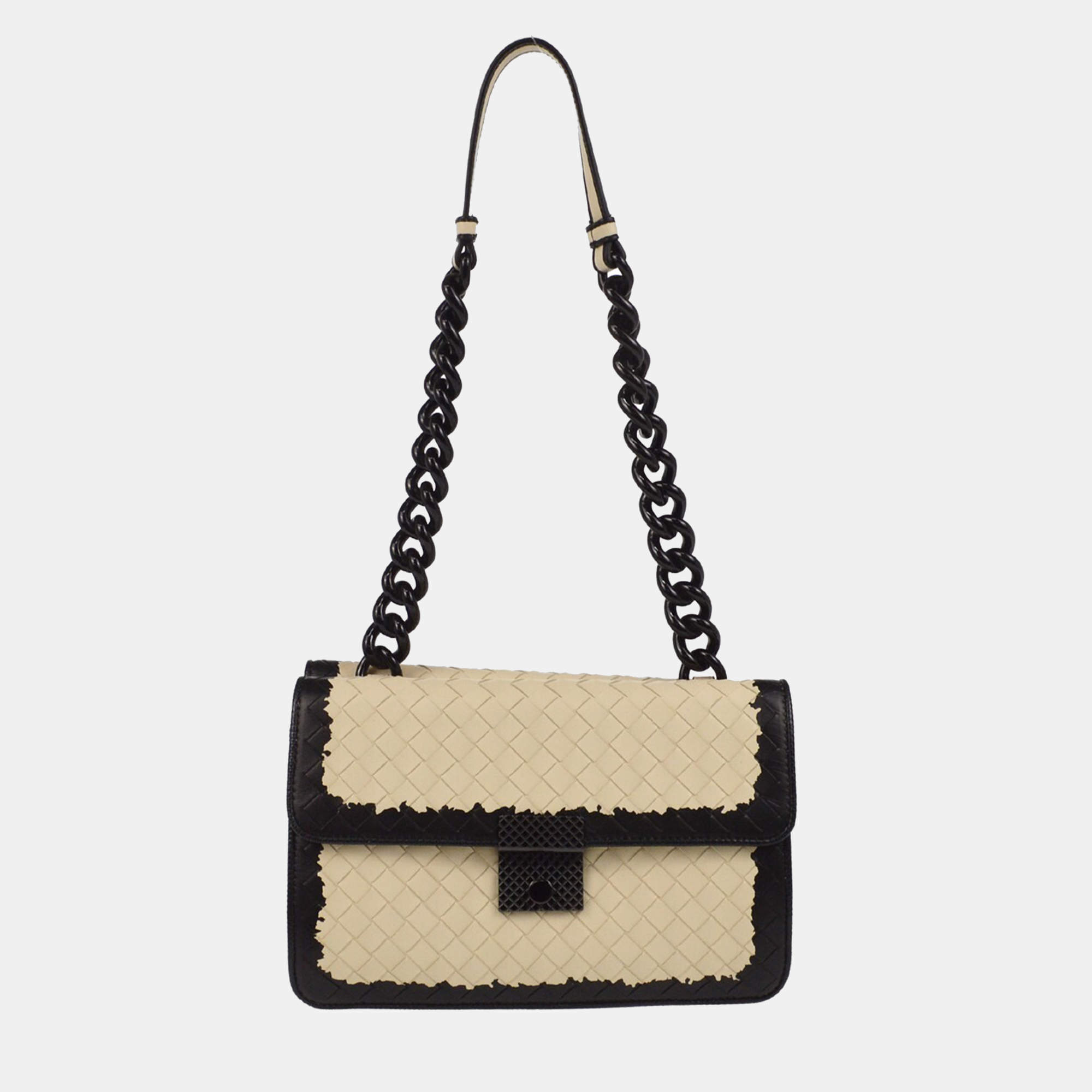 Bottega Veneta White Black Intrecciato Chain Shoulder Bag