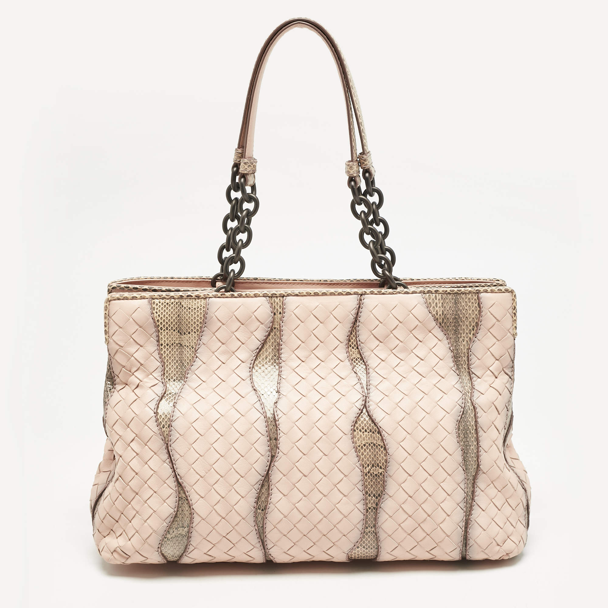 Bottega Veneta Salmon/Beige Intrecciato Leather and Snakeskin Frame Tote