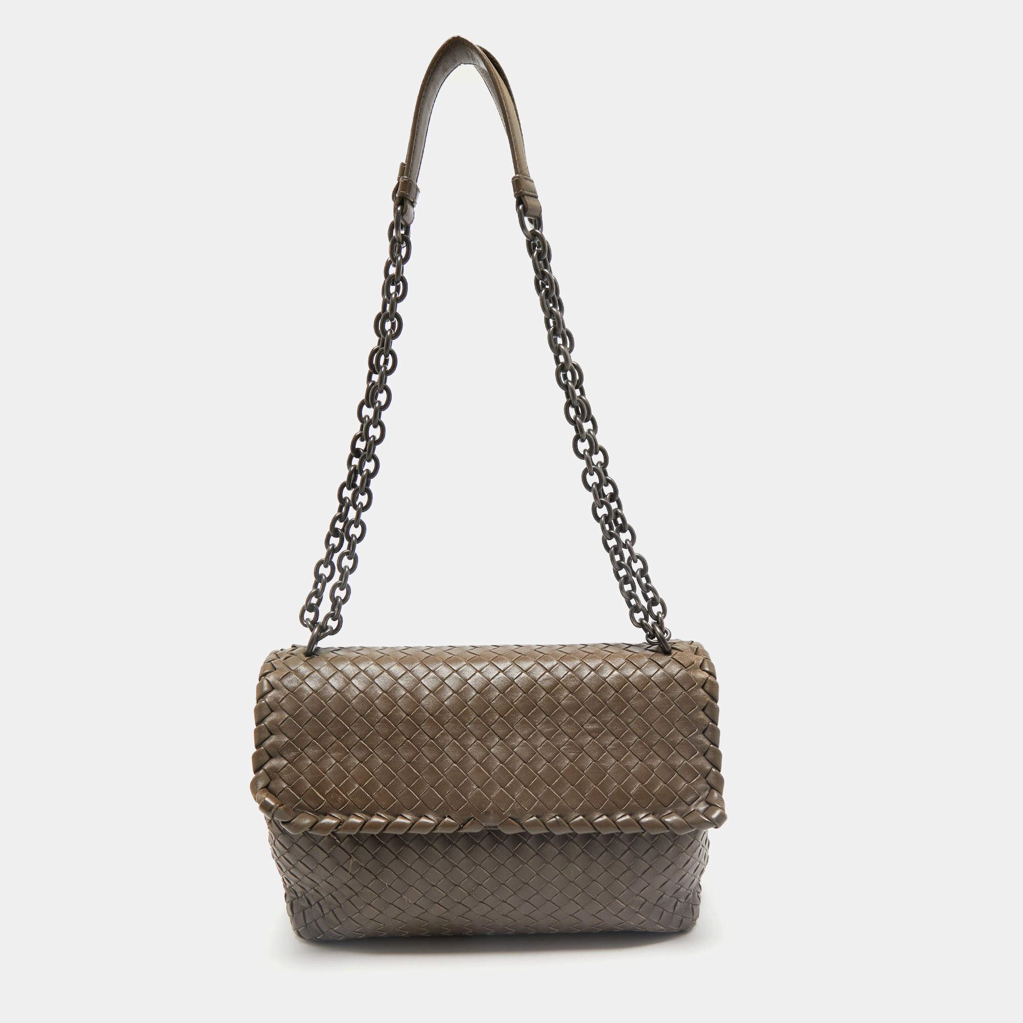 Bottega Veneta Dark Beige Intrecciato Leather Medium Olimpia Shoulder Bag