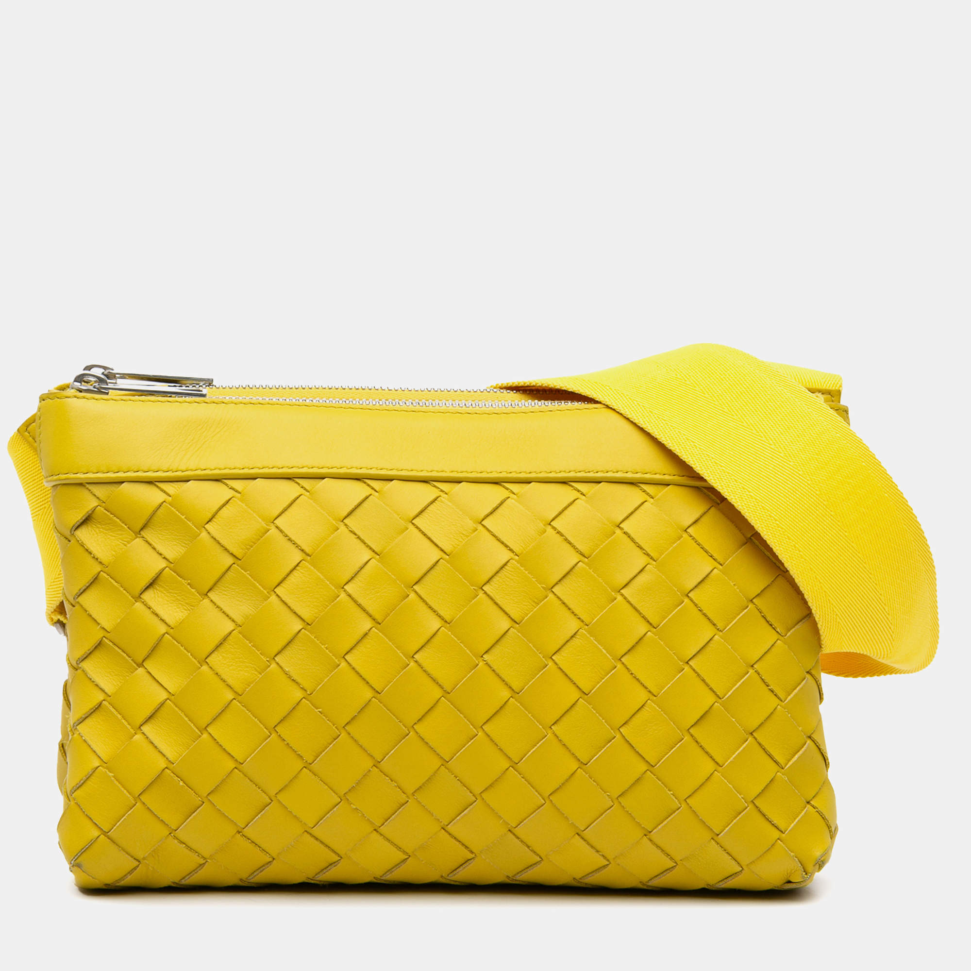 Pre Owned Bottega Veneta Yellow Nappa Intrecciato Duo Crossbody Shoulder Bag