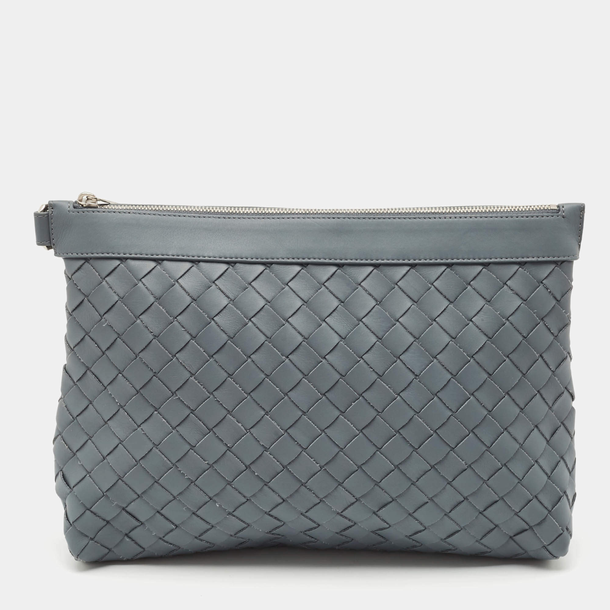 Bottega Veneta Slate Grey Intrecciato Leather Oversized Zip Pouch