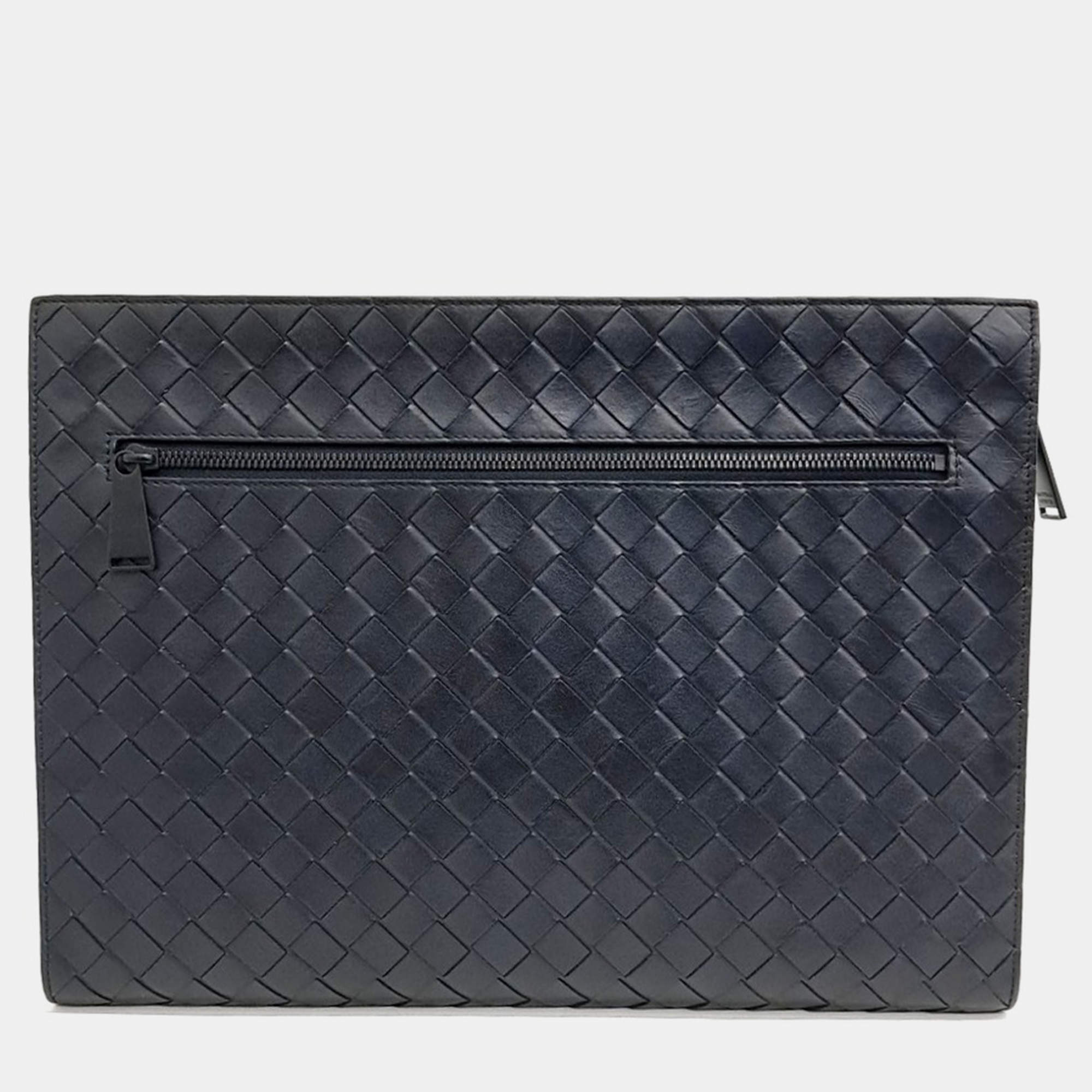 Bottega Veneta Navy Blue Leather Mesh Clutch
