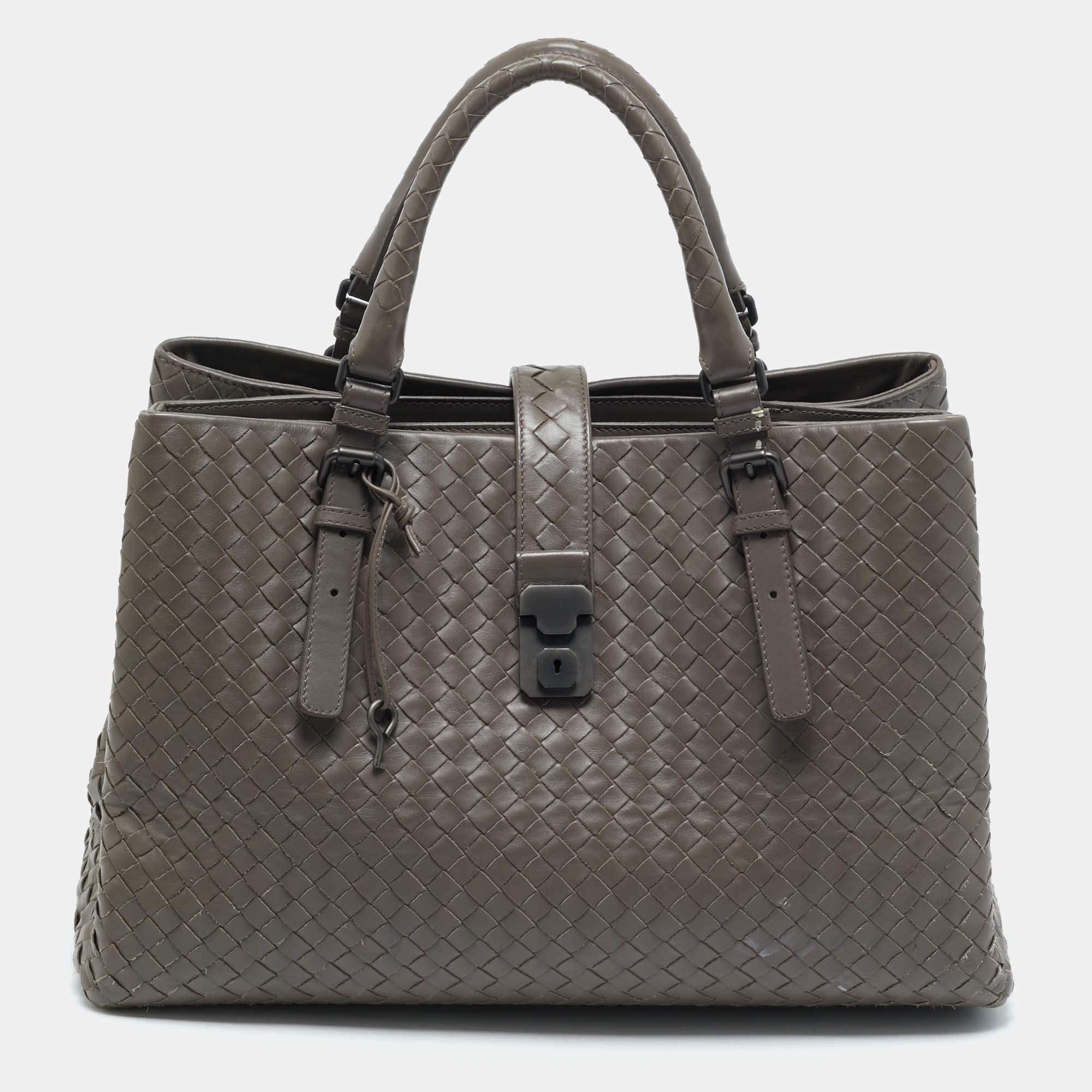 Pre Owned حقيبة يد بوتيغا فينيتا روما متوسطة جلد إنتريشياتو بيج