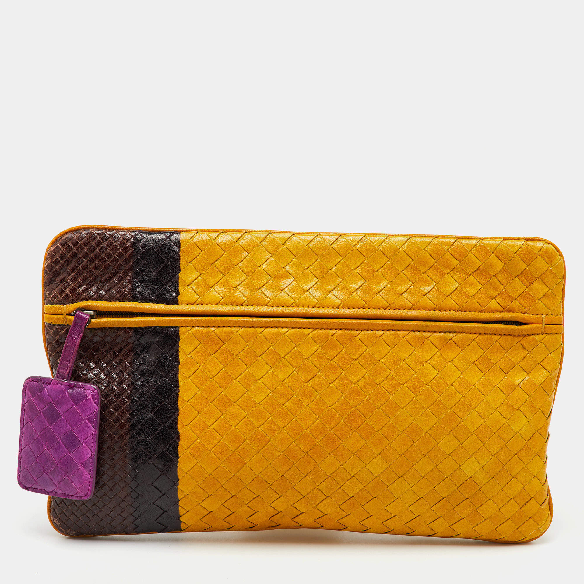 Pre Owned Bottega Veneta Yellow/Dark Brown Intrecciato Zip Pouch Clutch