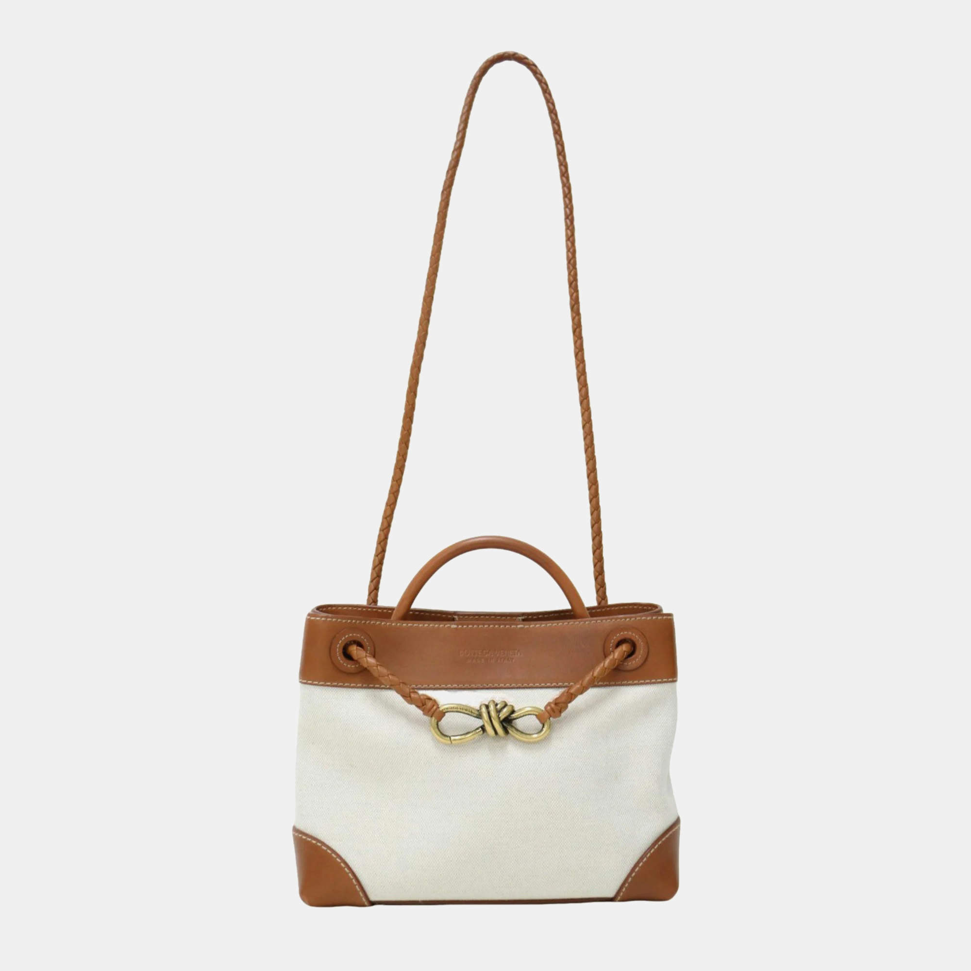 Bottega Veneta Brown Natural 24 Small Andiamo Tote Shoulder Leather Canvas
