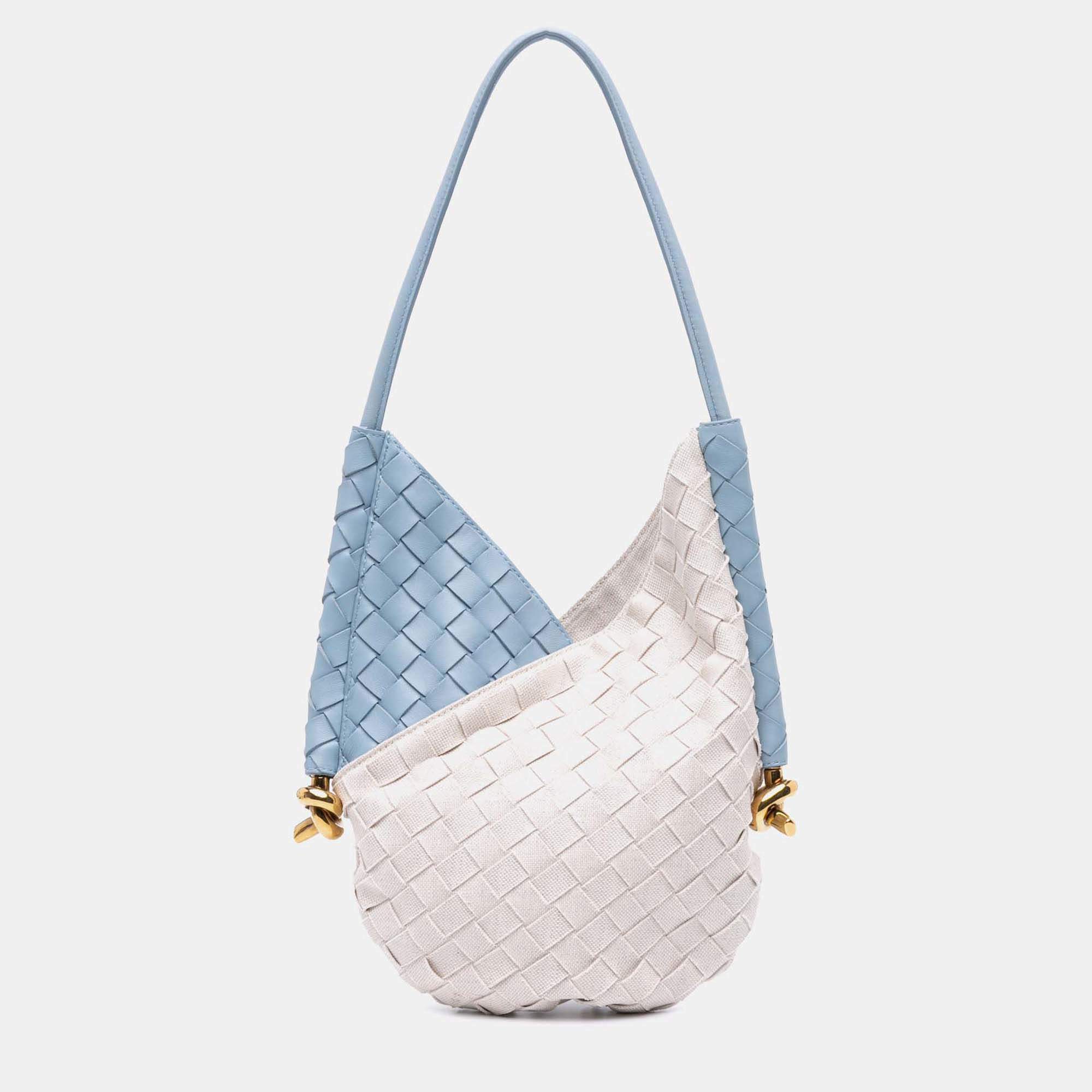 Bottega Veneta Blue/White Small Nappa and Canvas Intrecciato Solstice Shoulder Bag