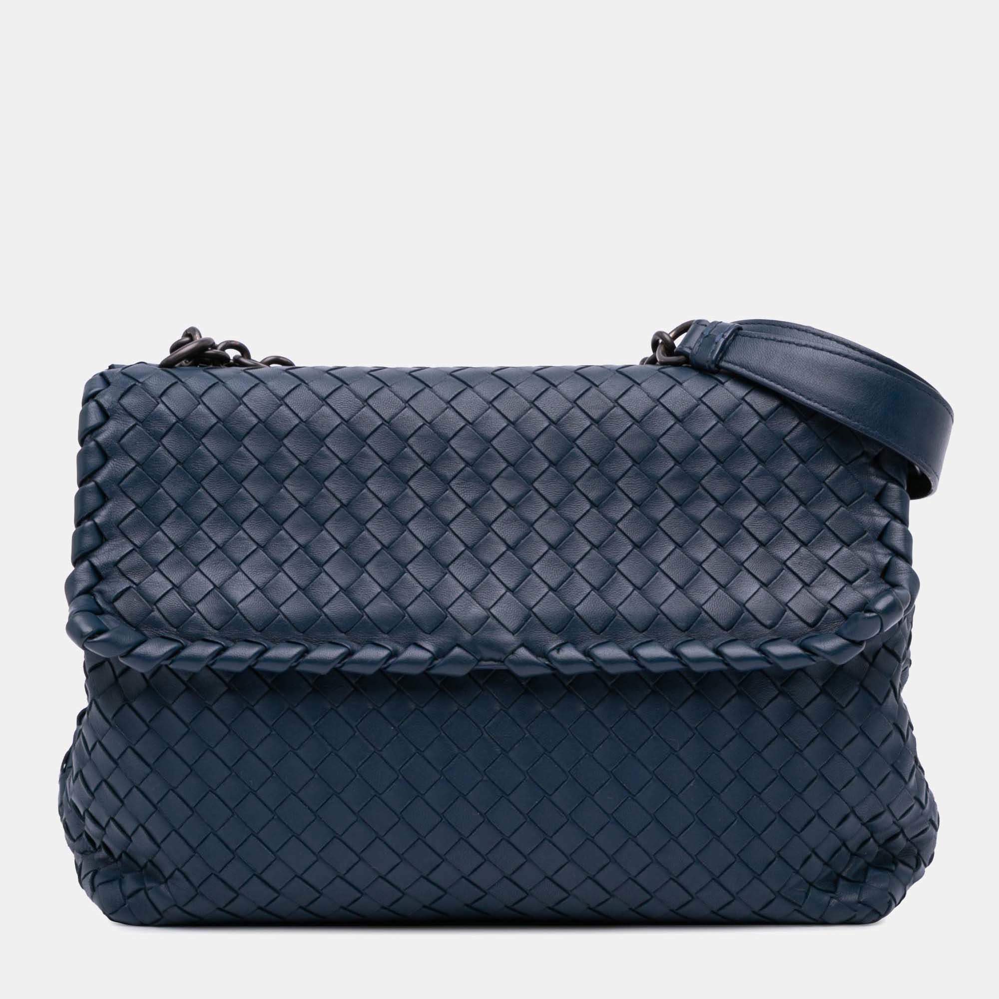 Bottega Veneta Navy Blue Medium Nappa Intrecciato Olimpia Shoulder Bag