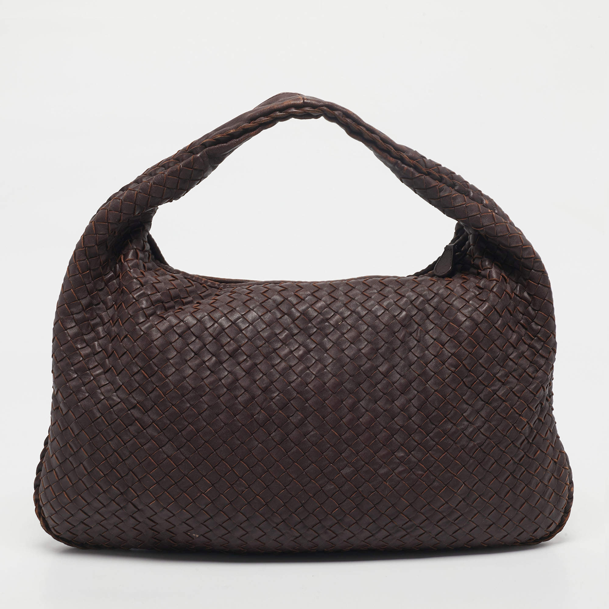 Pre Owned Bottega Veneta Dark Brown Intrecciato Leather Large Veneta Hobo