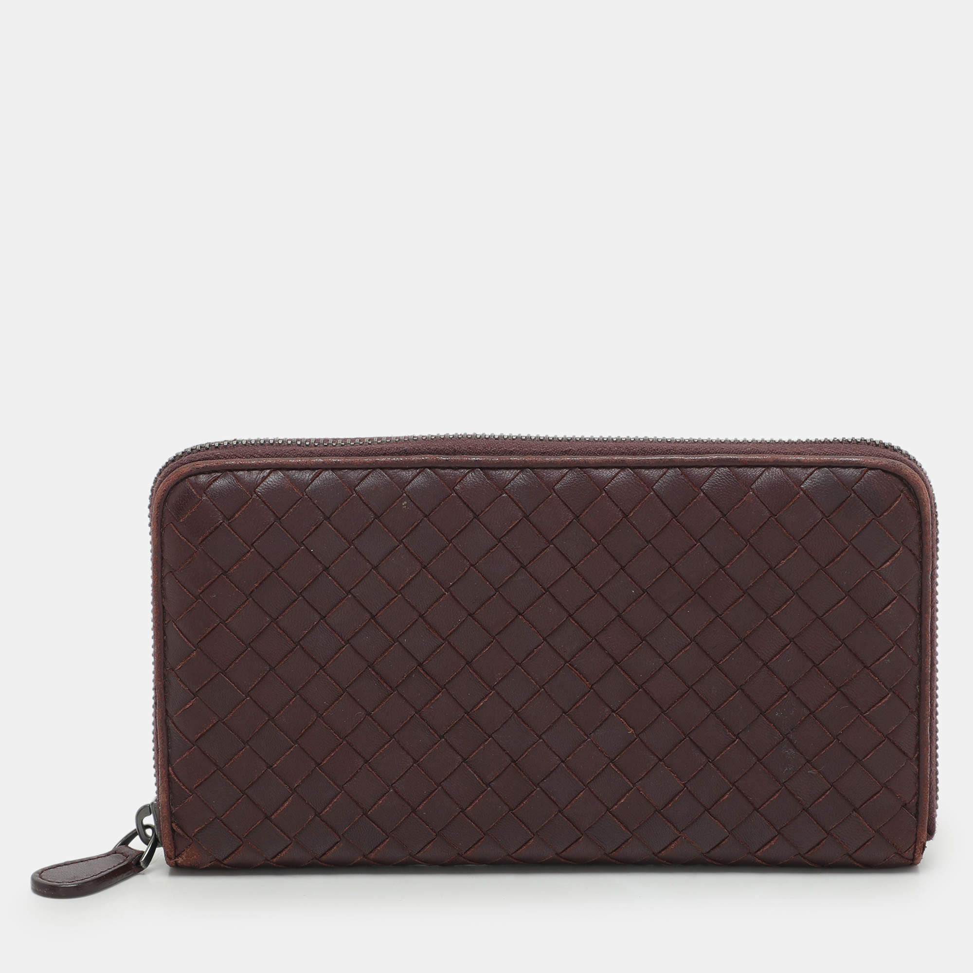 Pre Owned Bottega Veneta Burgundy Intrecciato Leather Zip Around Continental Wallet