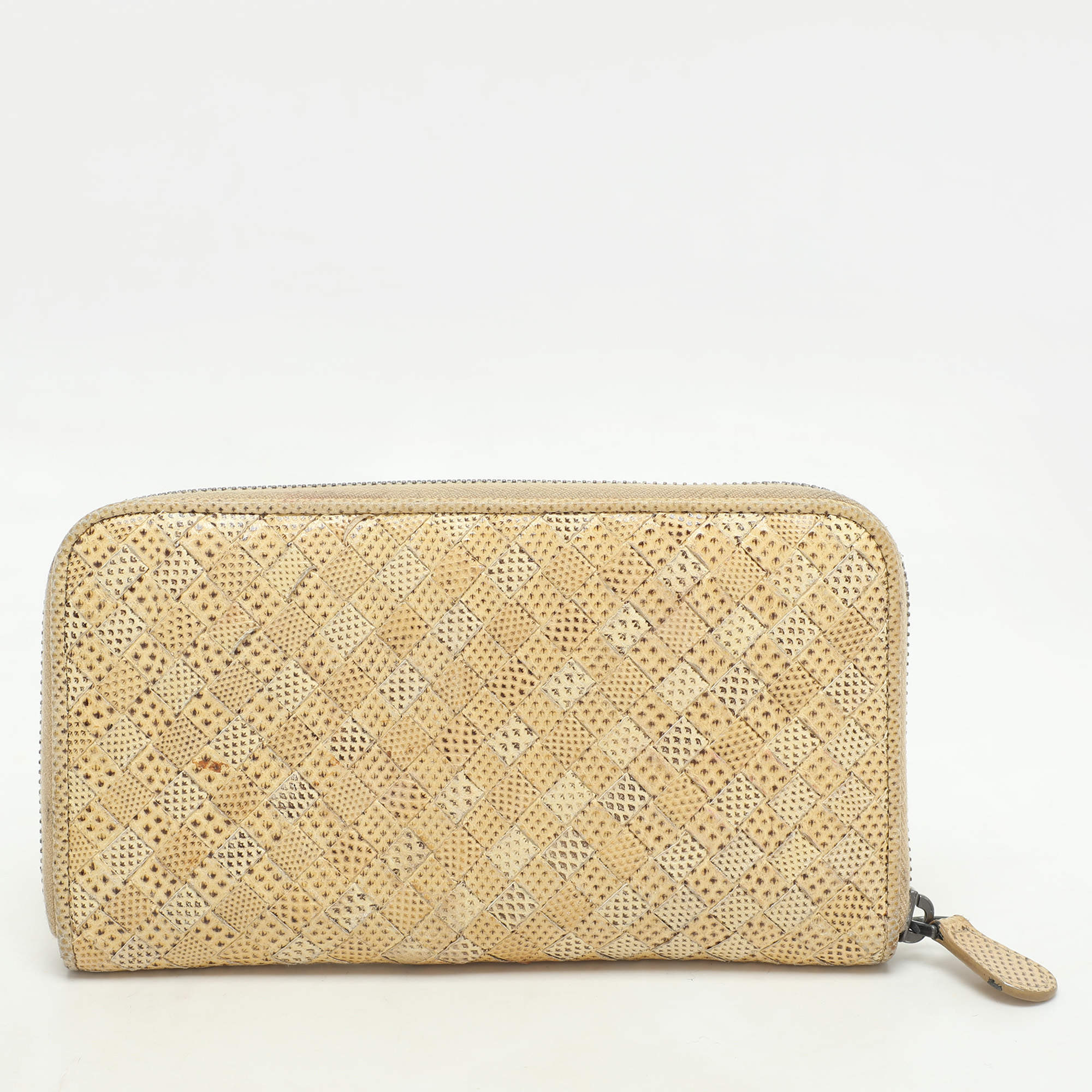 Pre Owned Bottega Veneta Lemon Washed Intrecciato Karung Leather Zip Around Wallet