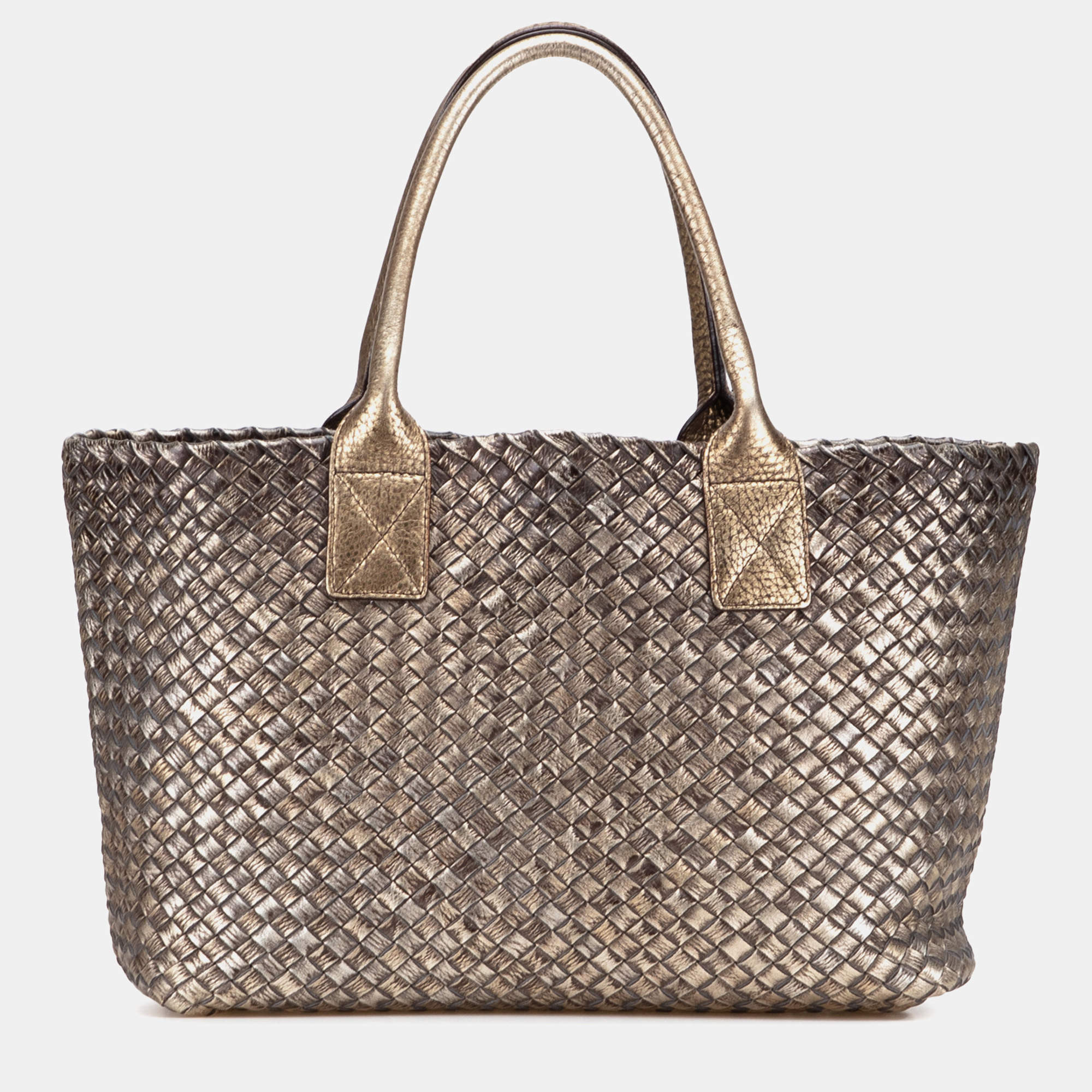 Pre Owned Bottega Veneta Gold Medium Lambskin Intreccio Cabat Tote