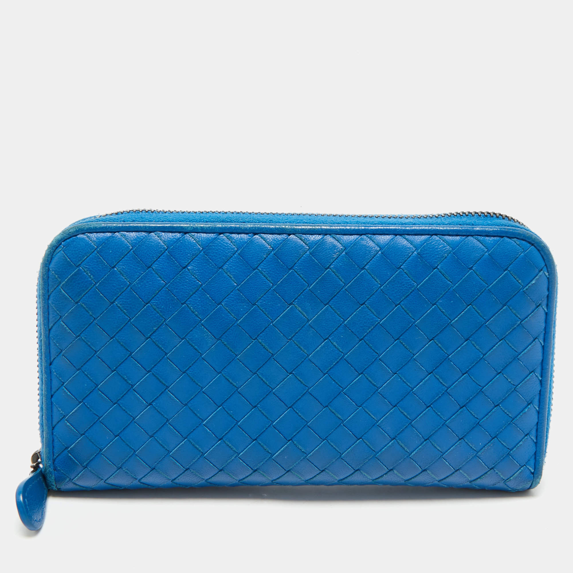 Pre Owned Bottega Veneta Blue Intrecciato Leather Zip Around Wallet