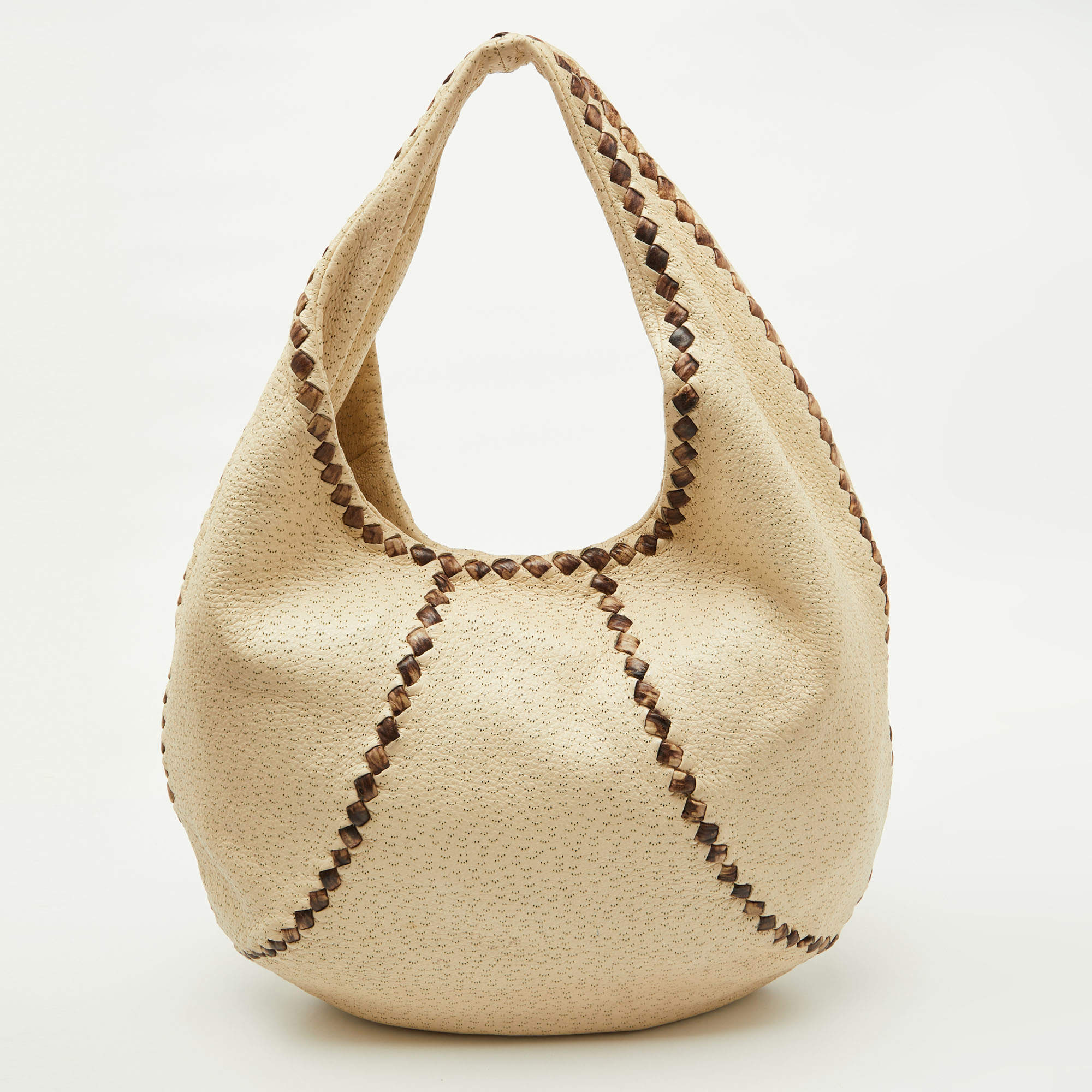 Pre Owned حقيبة بوتيغا فينيتا هوو عادية مثقبة جلدية بيضاء/بنية