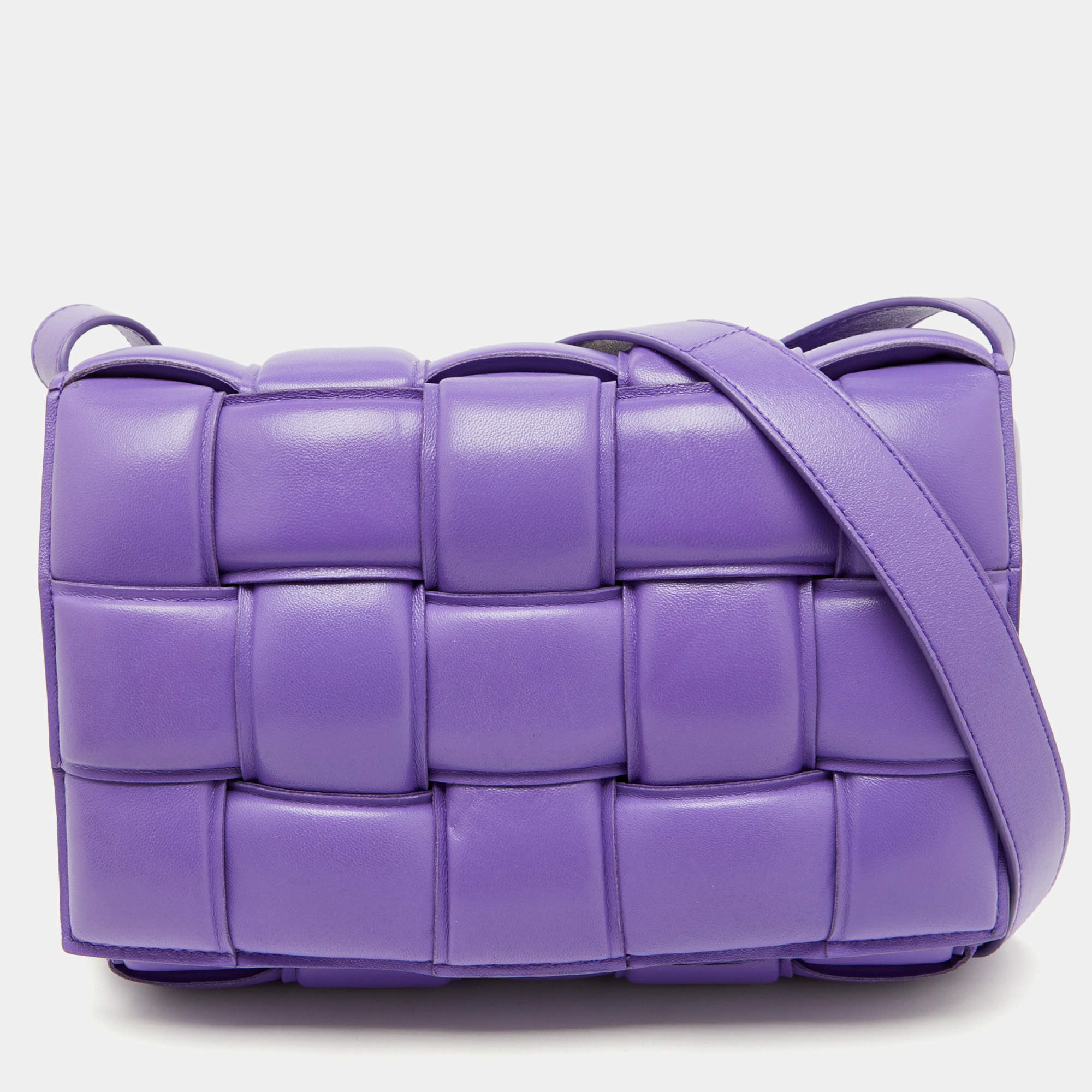 Pre Owned Bottega Veneta Purple Leather Padded Intreccio Cassette Shoulder Bag