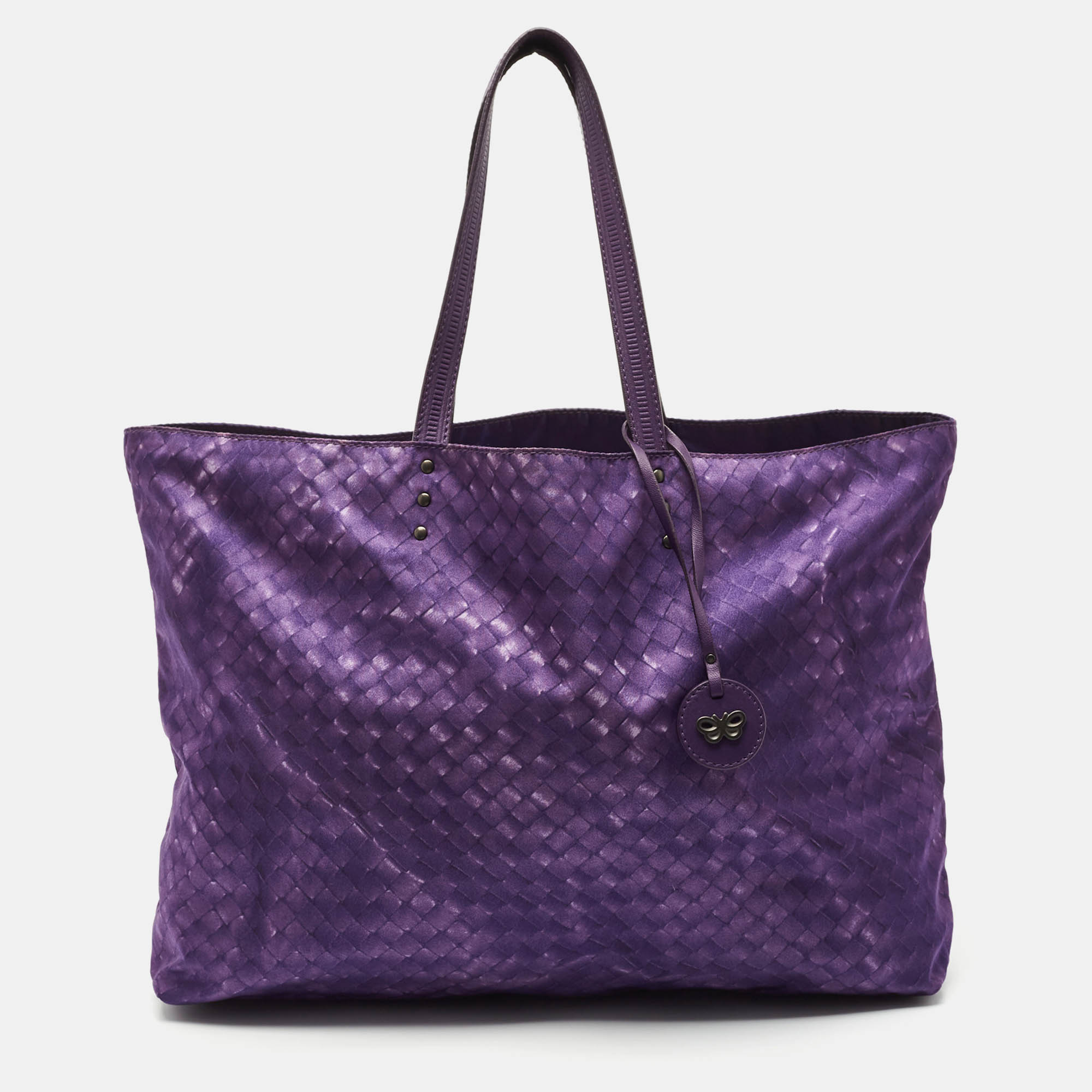Pre Owned Bottega Veneta Purple Intrecciato Printed Nylon and Leather Tote