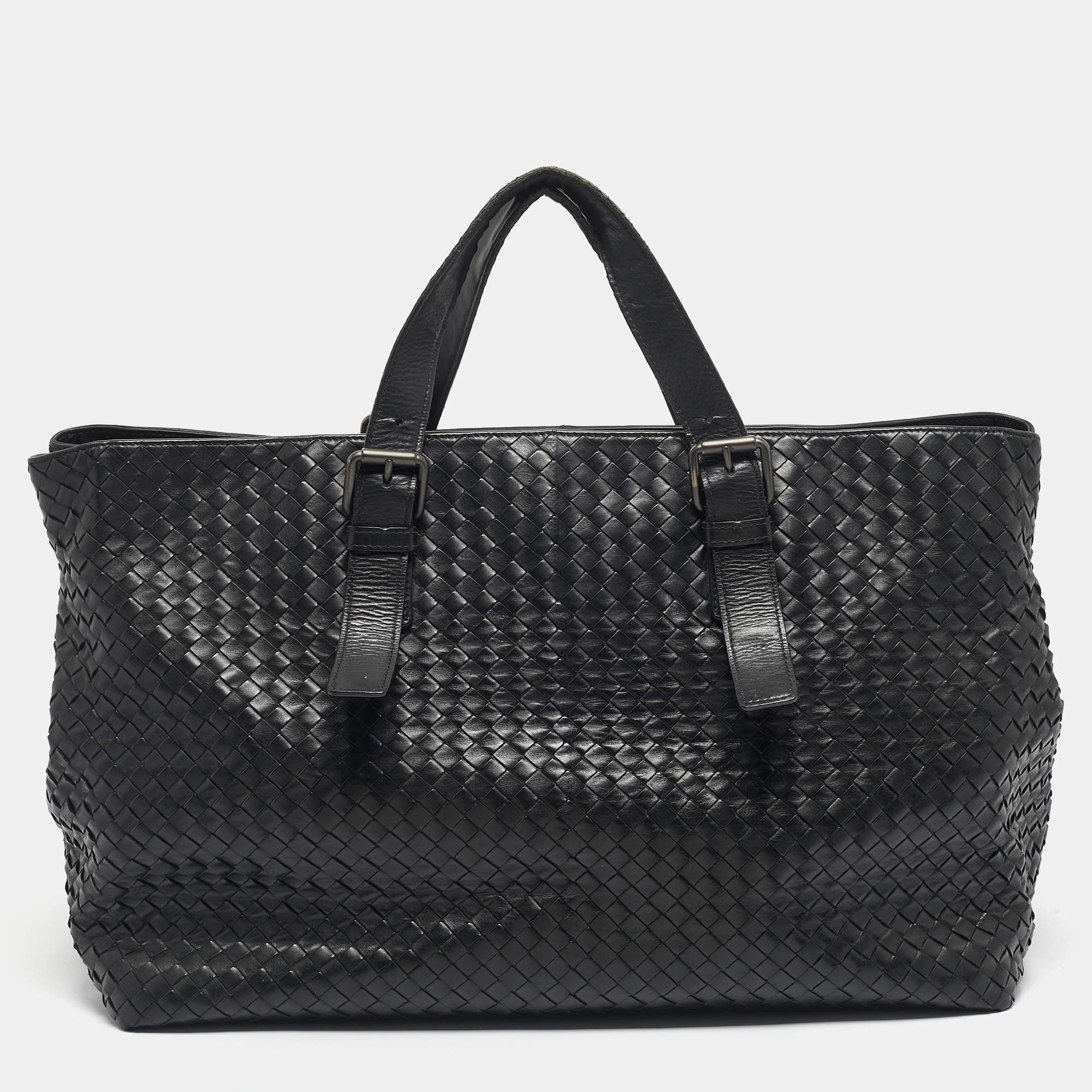 Pre Owned Bottega Veneta Black Intrecciato Leather Large Cabat Tote