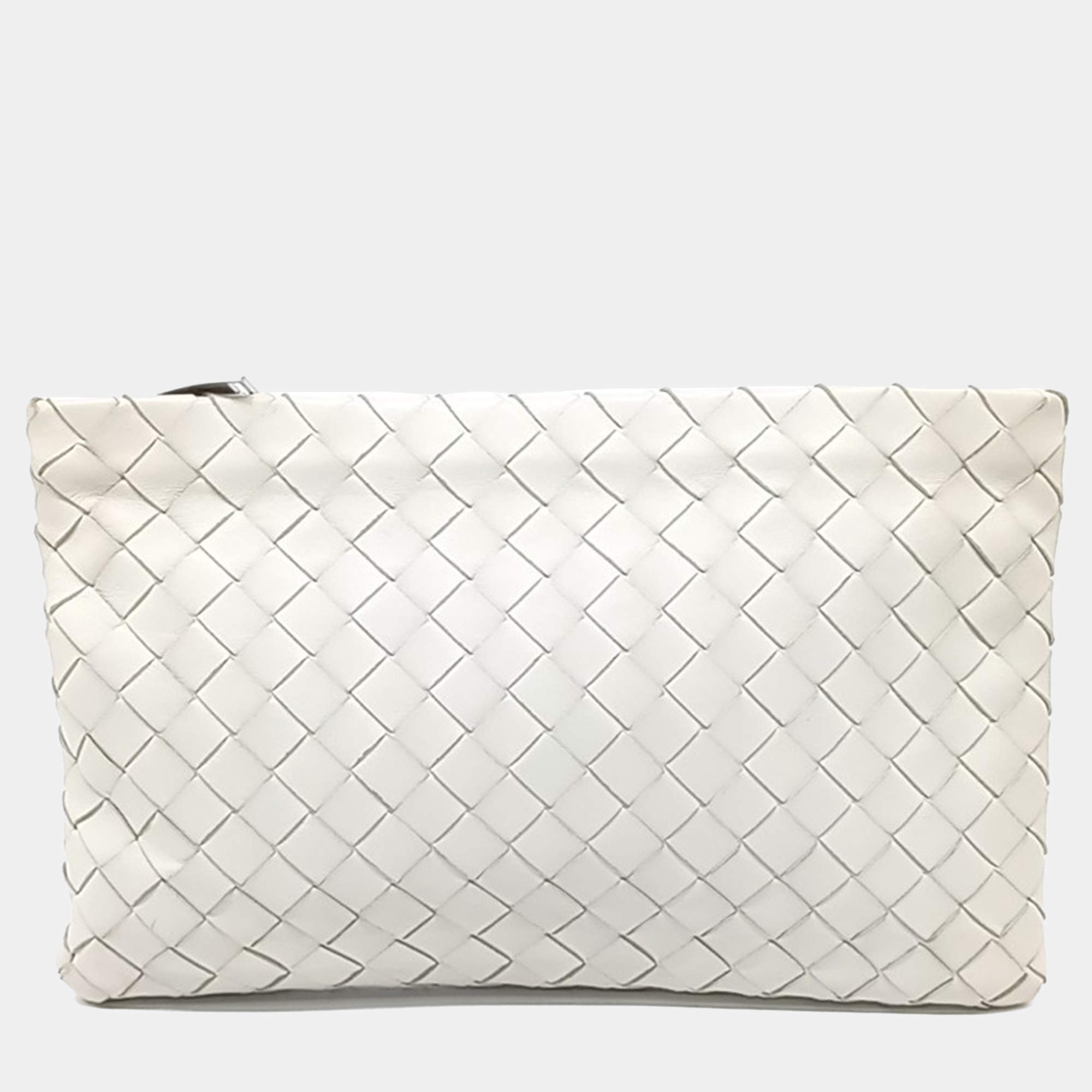 Pre Owned Bottega Veneta White Leather Mesh Clutch
