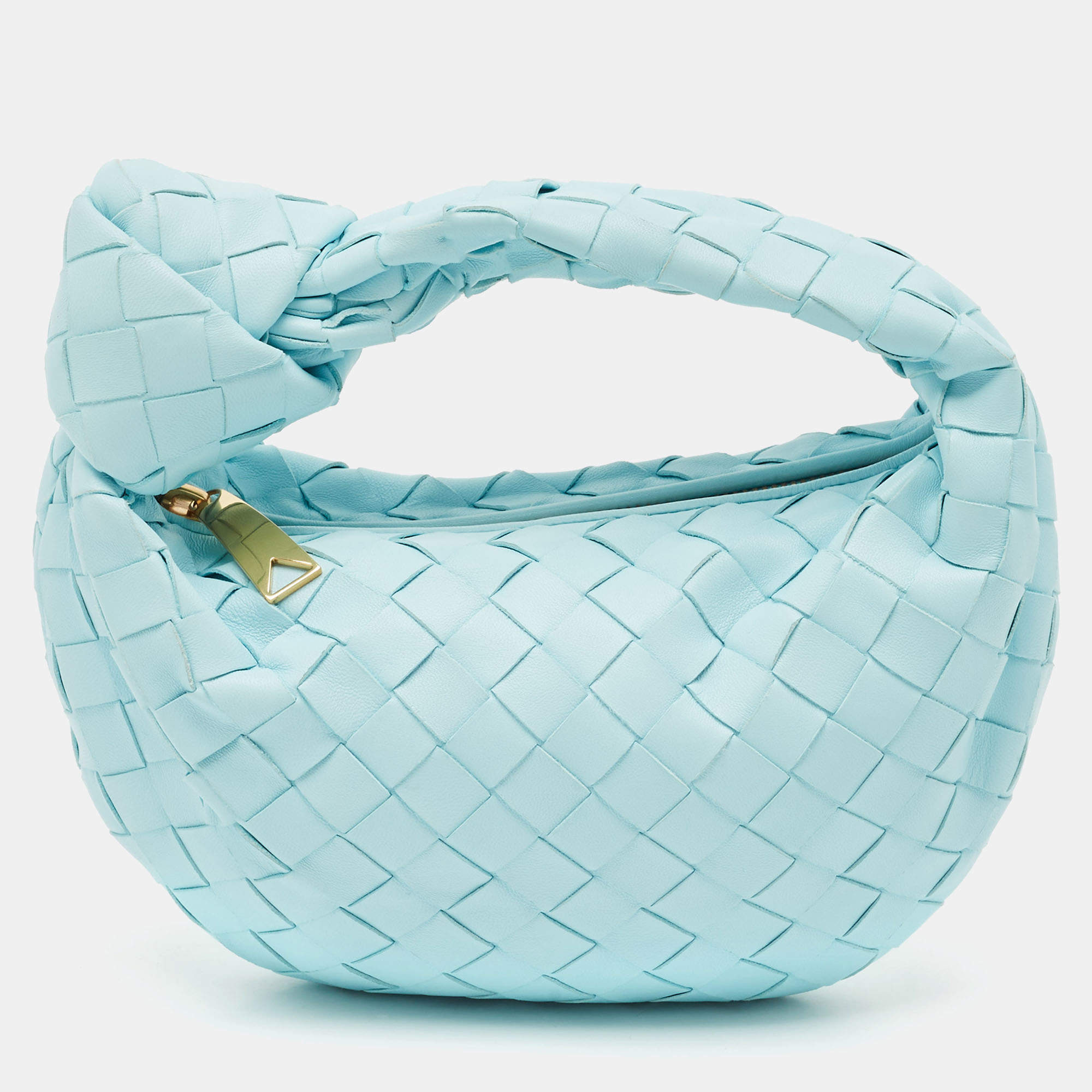 Pre Owned Bottega Veneta Light Blue Intrecciato Leather Mini Jodie Hobo