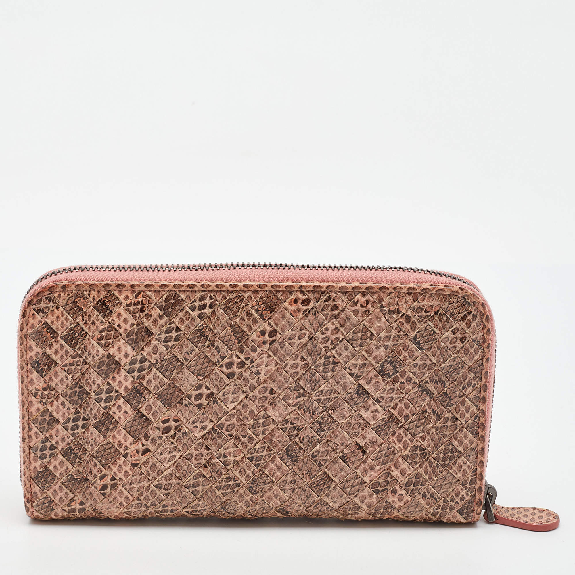 Pre Owned Bottega Veneta Peach/Brown Intrecciato Karung Leather Zip Continental Wallet