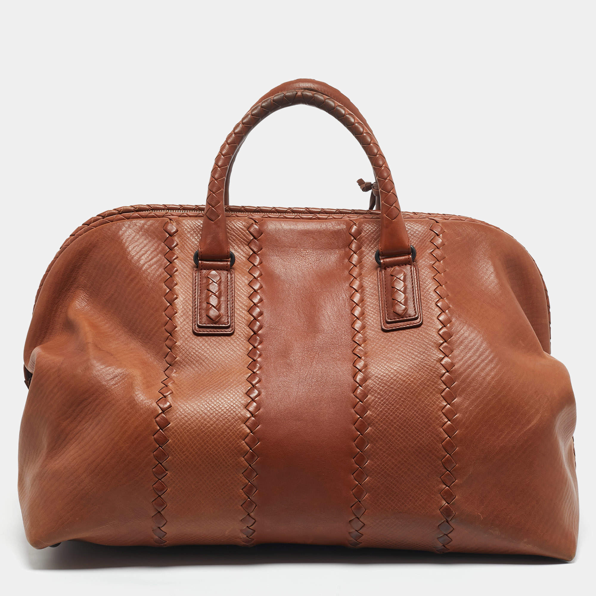 Pre Owned Bottega Veneta Brown Intrecciato Leather Frame Boston Bag