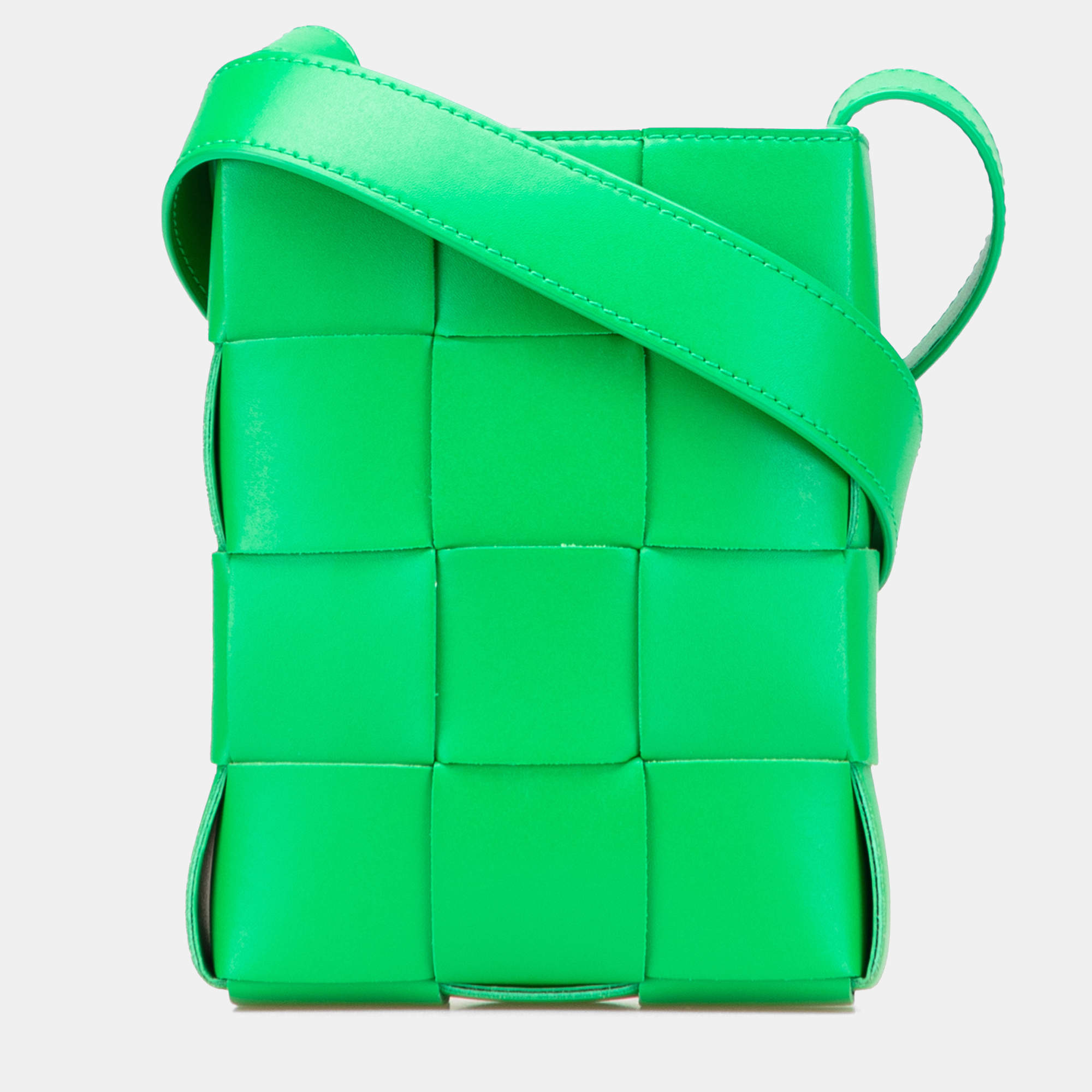 Pre Owned Bottega Veneta Green Mini Nappa Intrecciato Vertical Cassette Crossbody