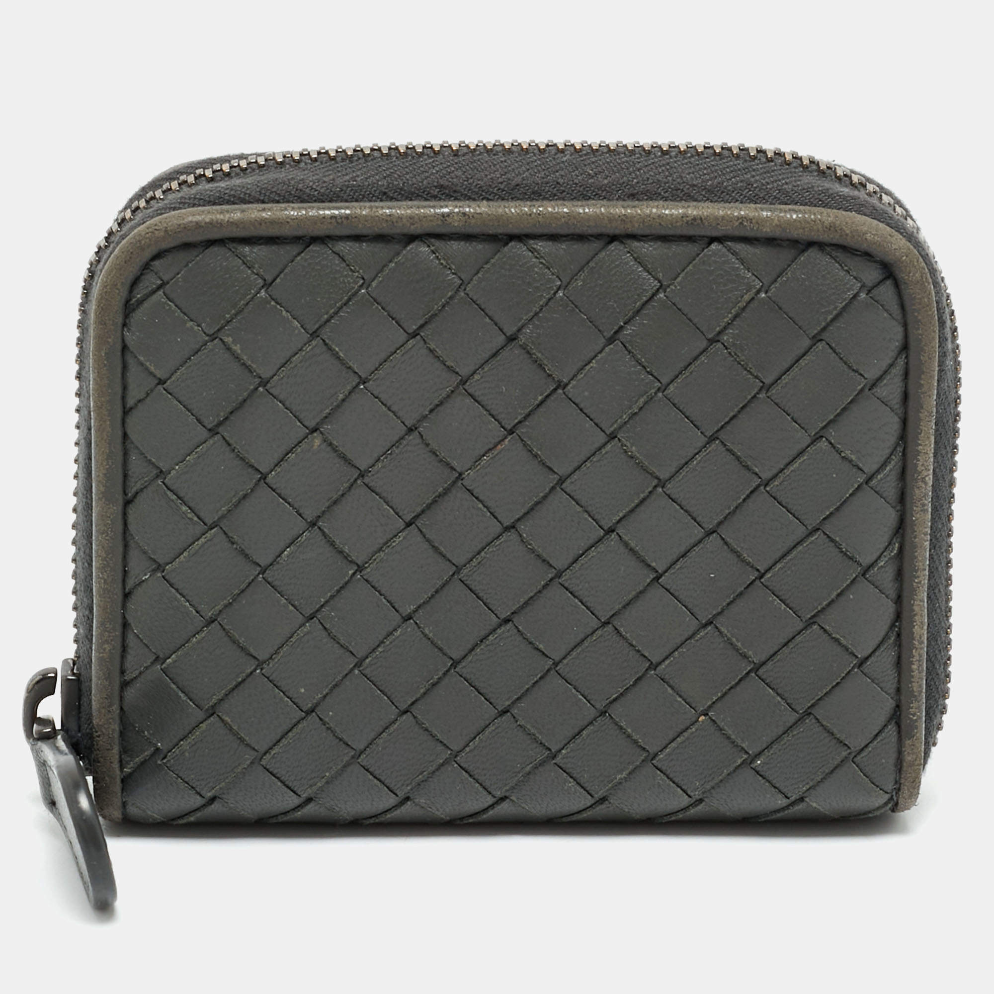 Pre Owned Bottega Veneta Grey Intrecciato Leather Zipped Coin Purse