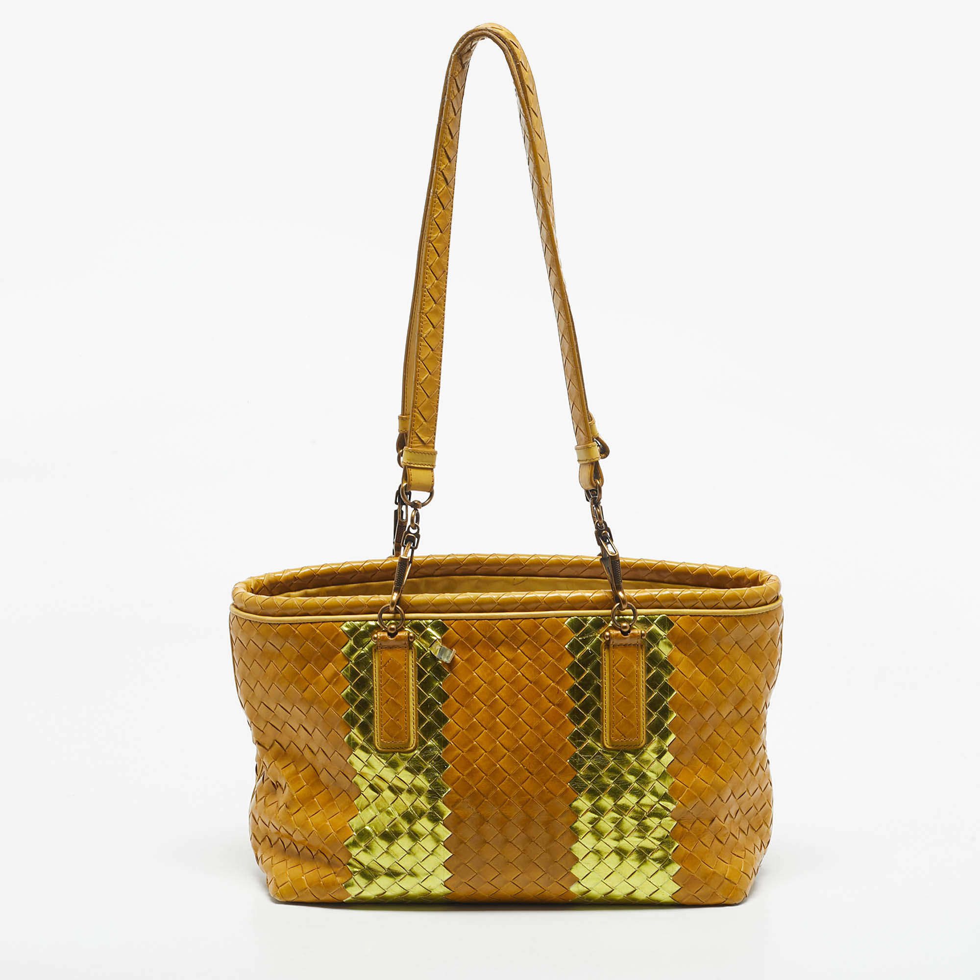 Pre Owned Bottega Veneta Yellow/Gold Intrecciato Leather Shopper Tote