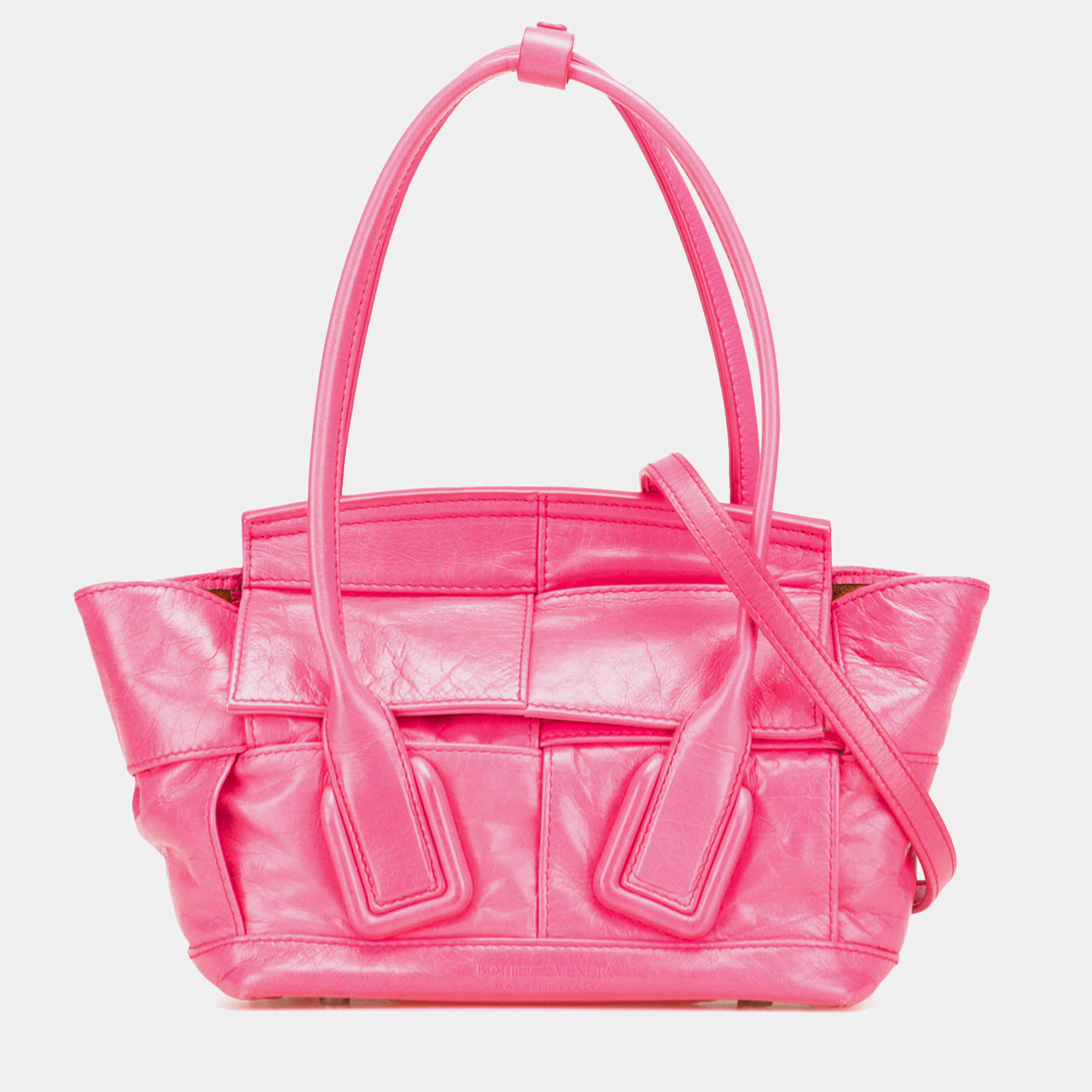 Pre Owned Bottega Veneta Pink Mini Paper Calfskin Intrecciato Arco Satchel