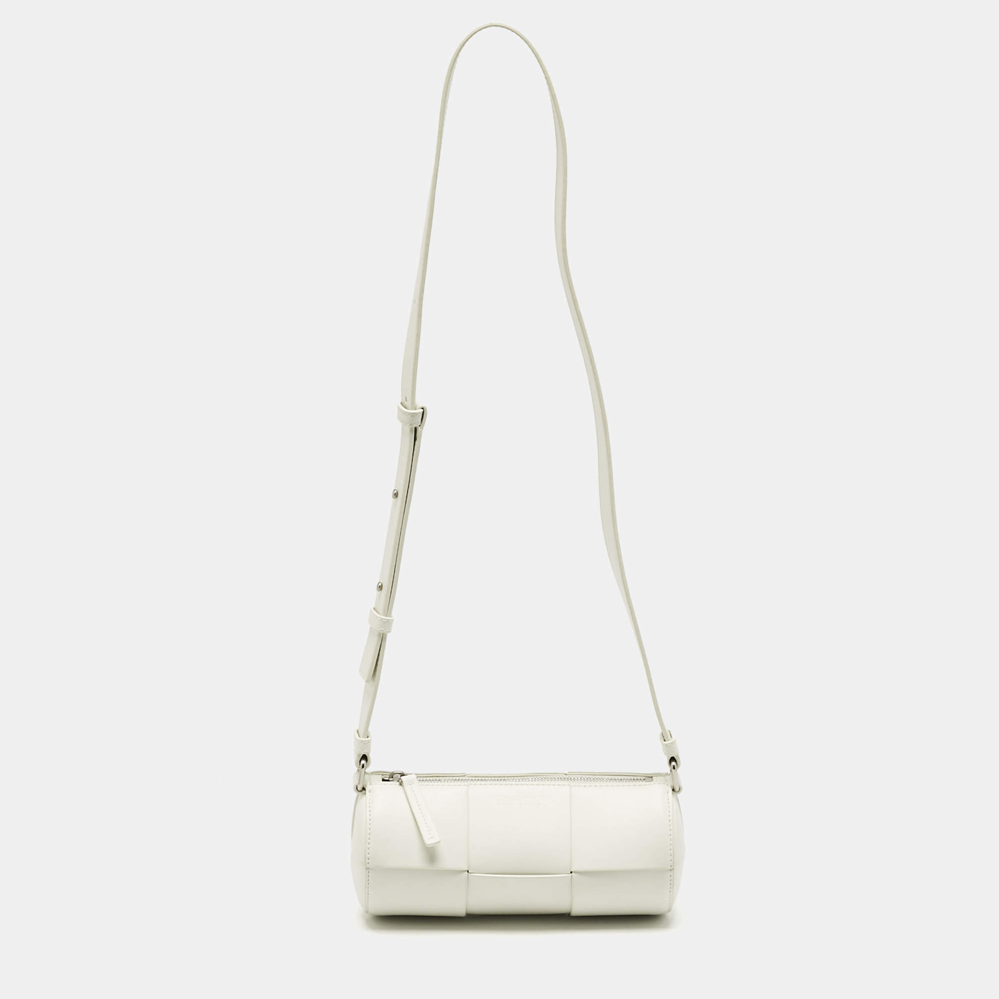 Pre Owned Bottega Veneta White Maxi Intreccio Leather Small Canette Crossbody Bag