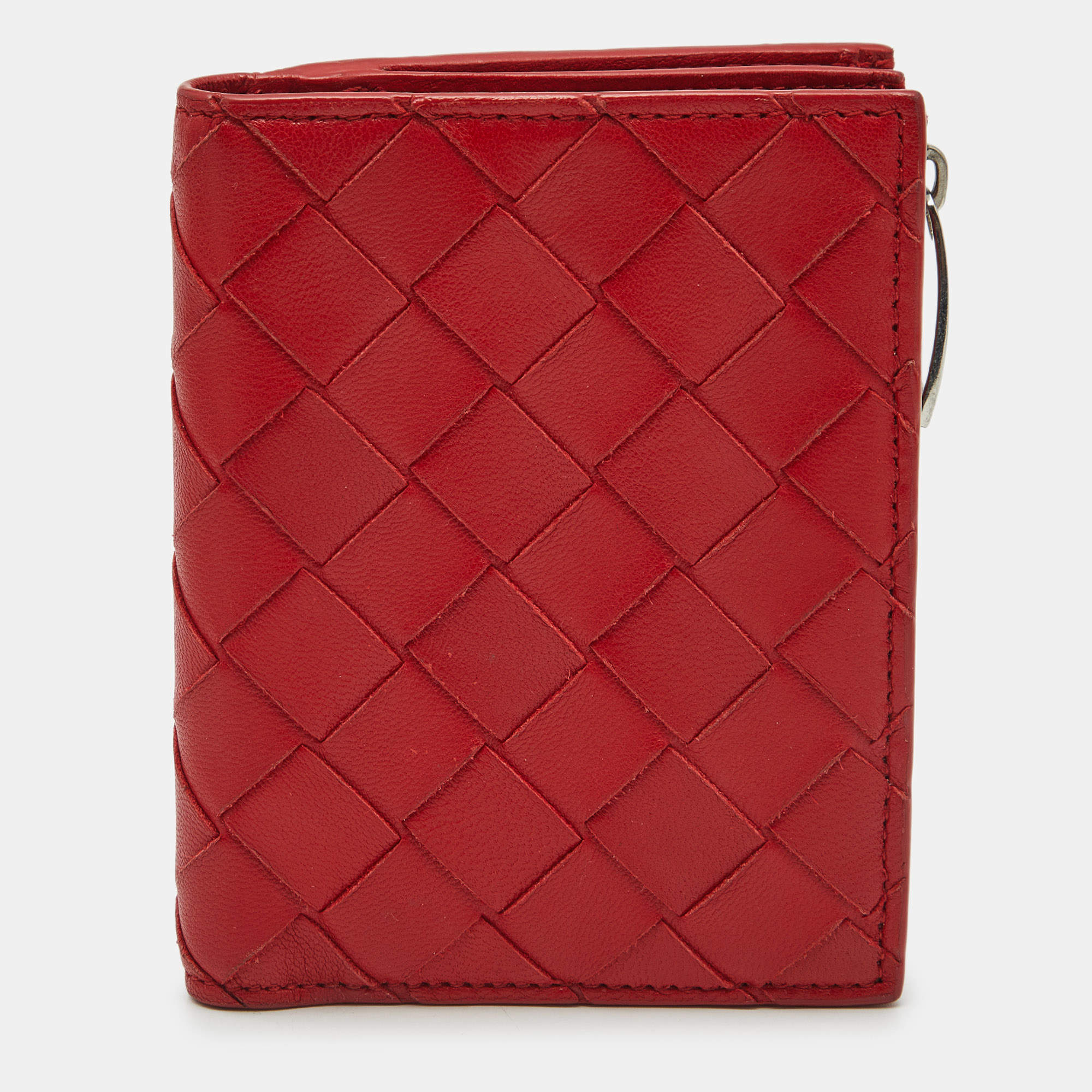 Pre Owned Bottega Veneta Red Intrecciato Leather Zip Bifold Card Holder
