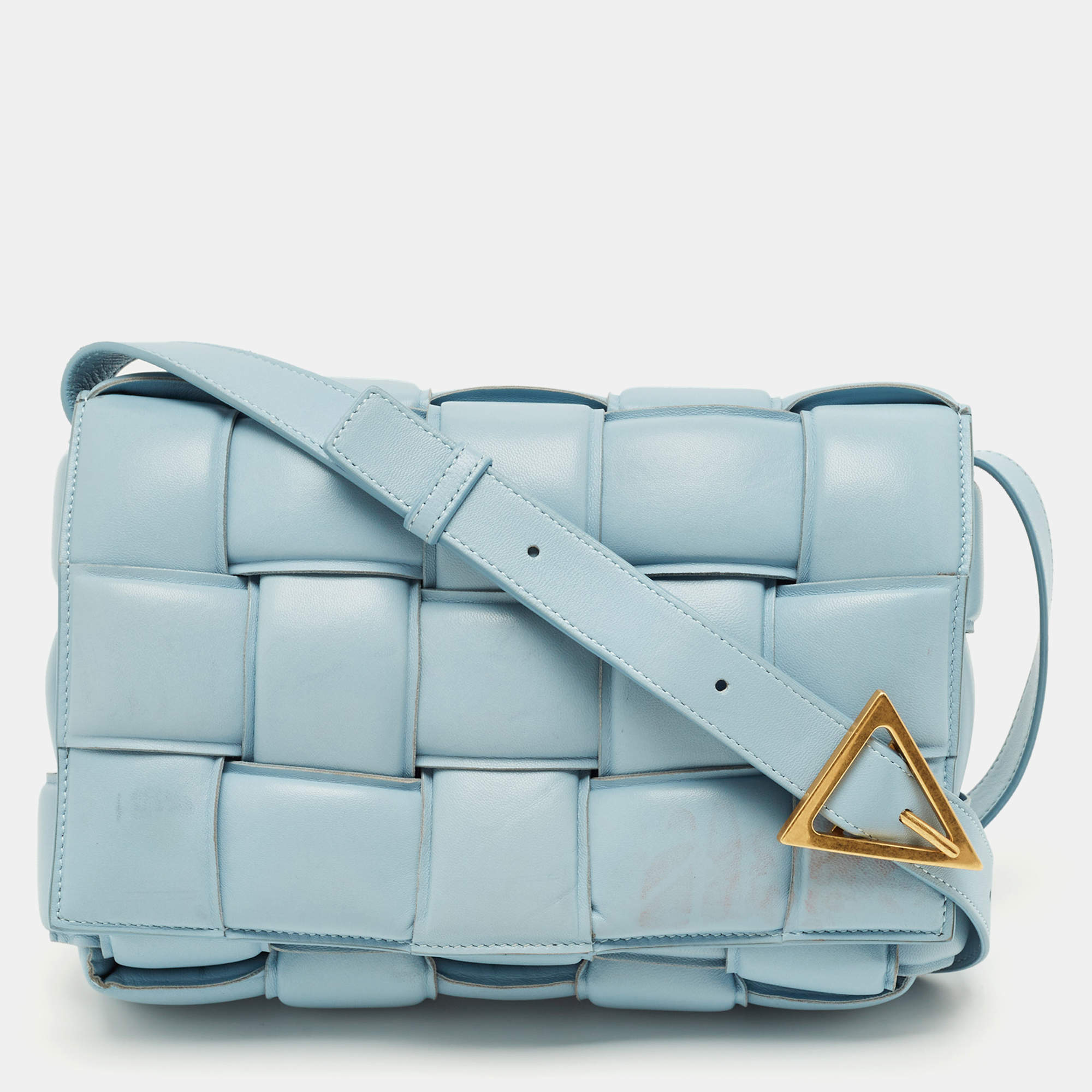 Pre Owned Bottega Veneta Light Blue Leather Cassette Padded Shoulder Bag