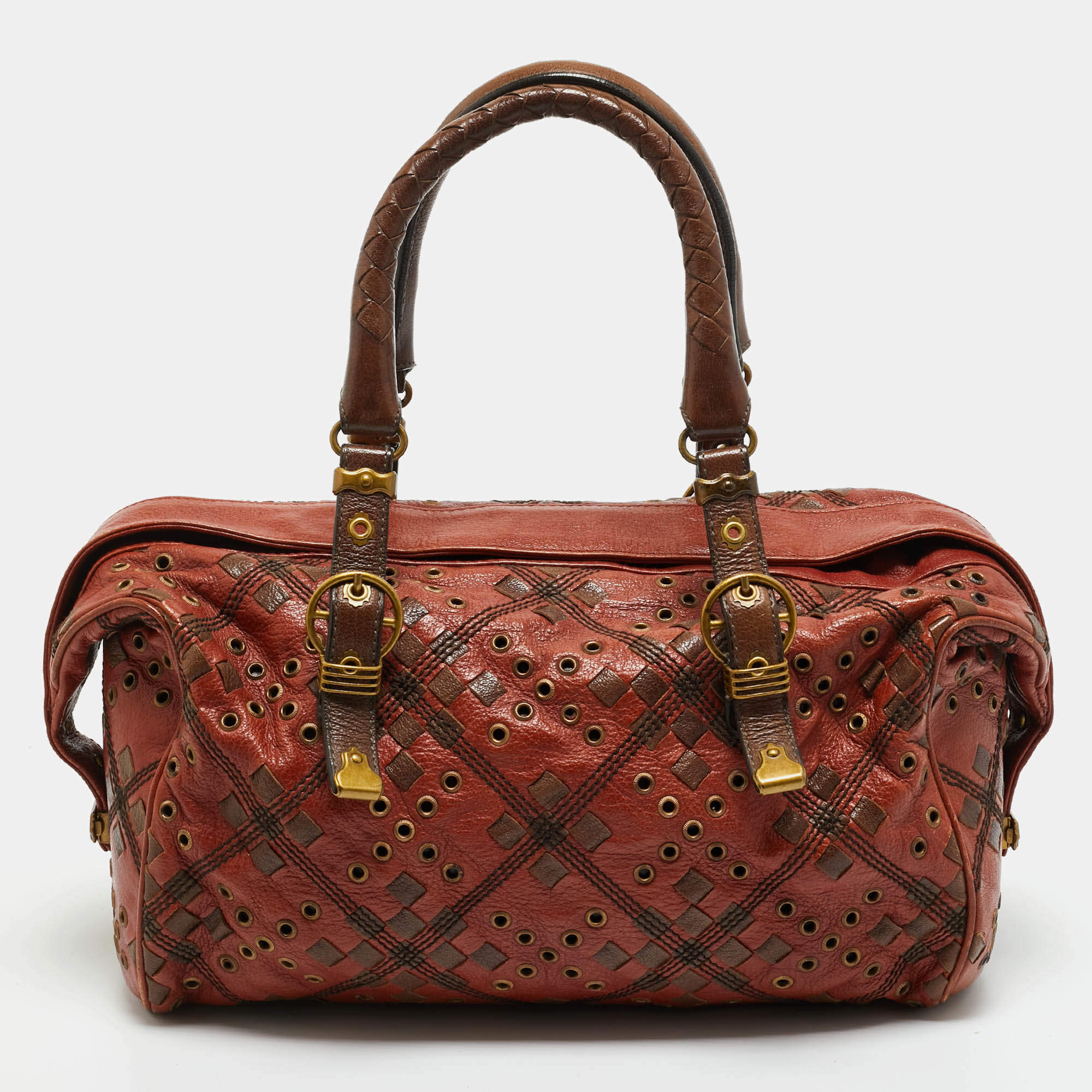 Pre Owned Bottega Veneta Brown Leather Grommet Frame Boston Bag