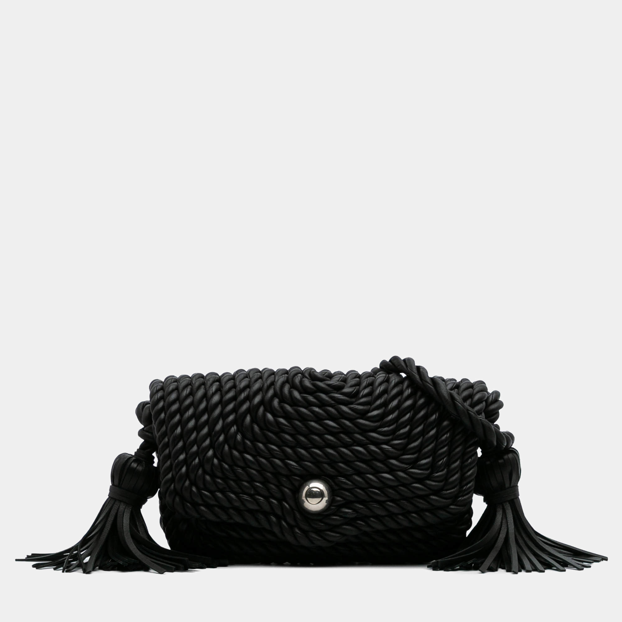 Pre Owned Bottega Veneta Black Lambskin Torchon Classic Tasseled Twisted Crossbody