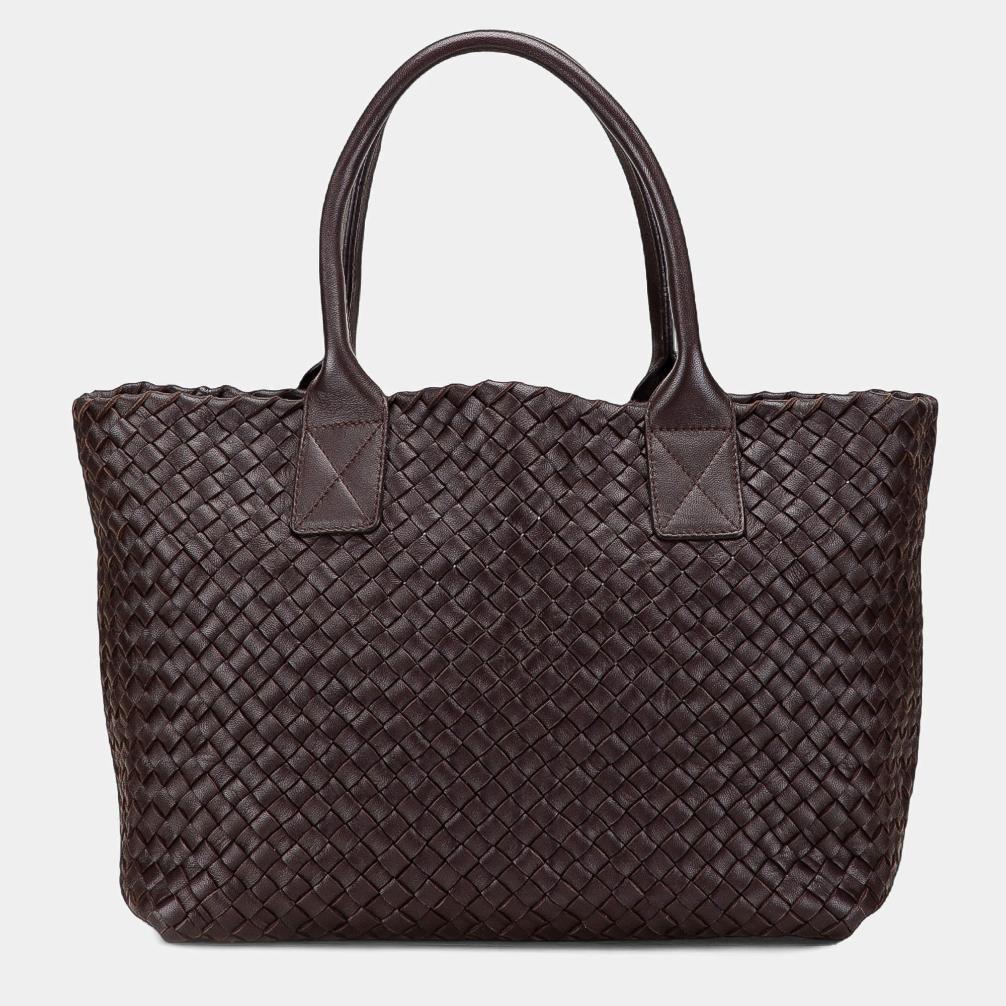 Pre Owned Bottega Veneta Brown Lambskin Intreccio Cabat Tote