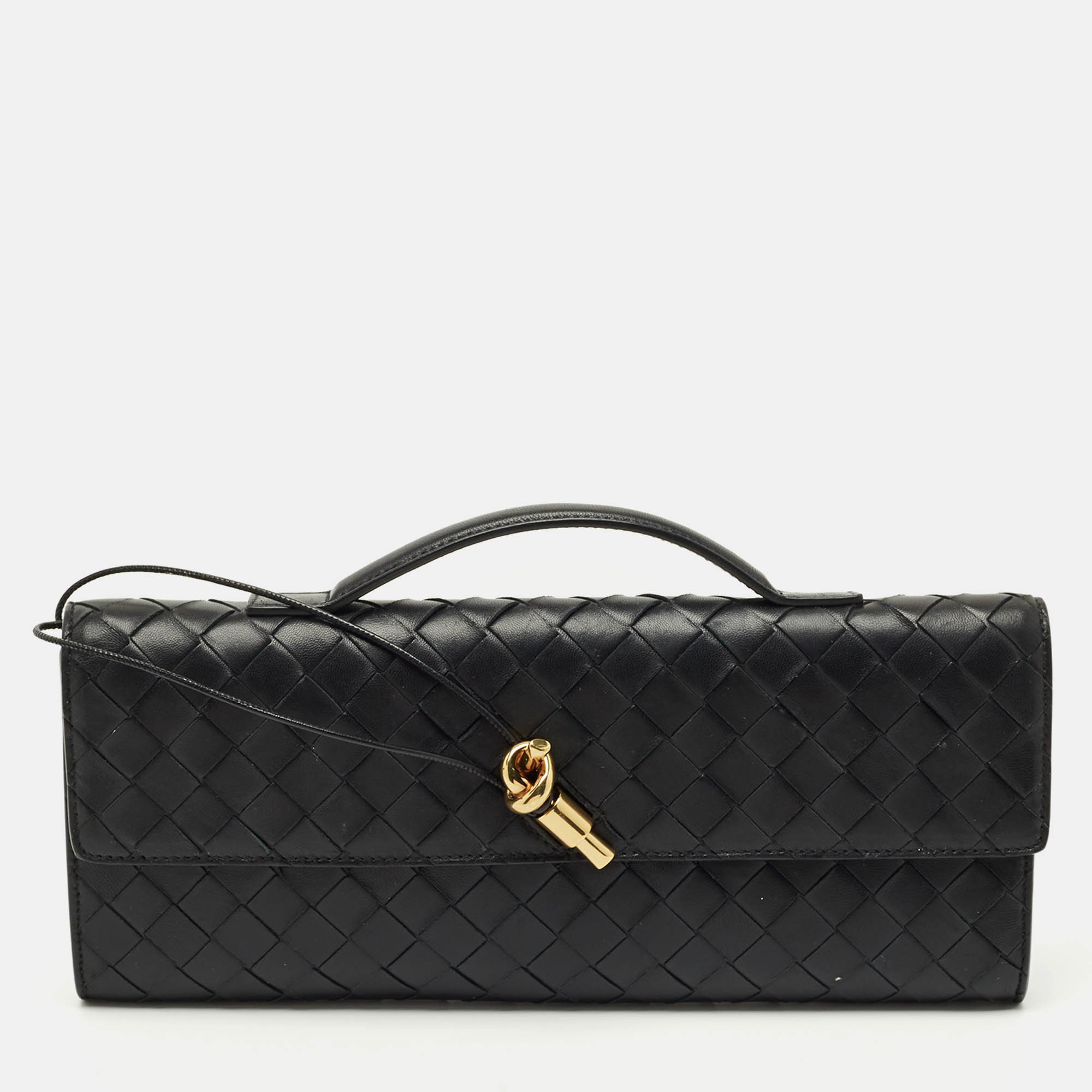 Pre Owned Bottega Veneta Black Intrecciato Leather Medium Andiamo Clutch