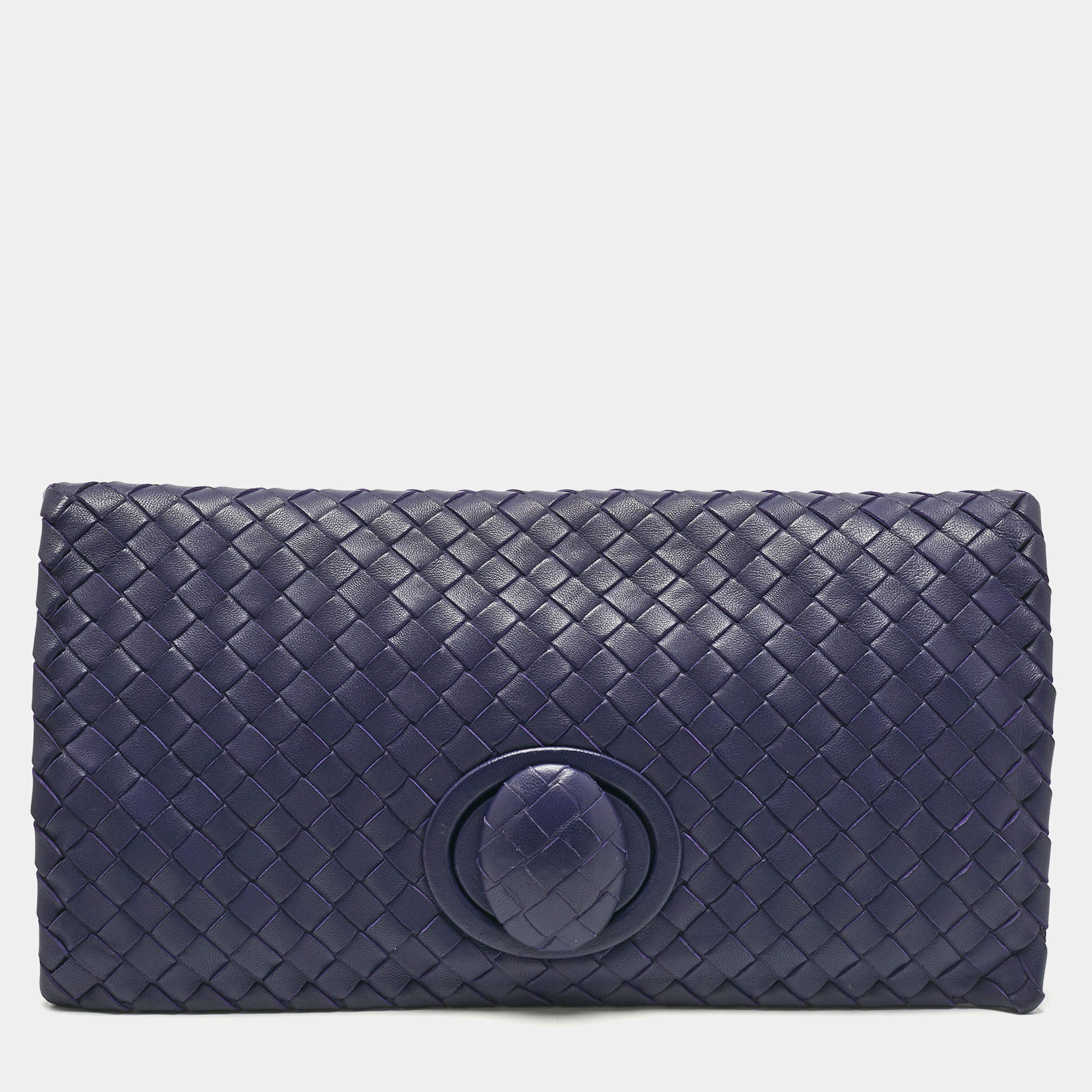Pre Owned Bottega Veneta Blue Intrecciato Leather Twist Lock Flap Clutch