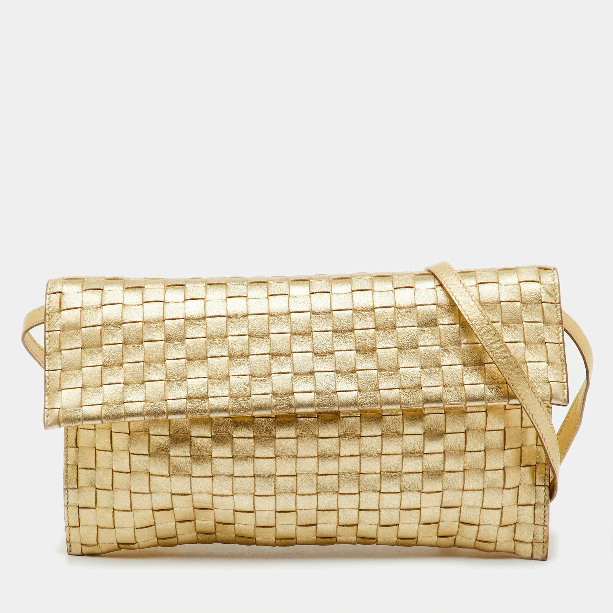 Pre Owned Bottega Veneta Gold Intrecciato Leather Flap Crossbody Bag