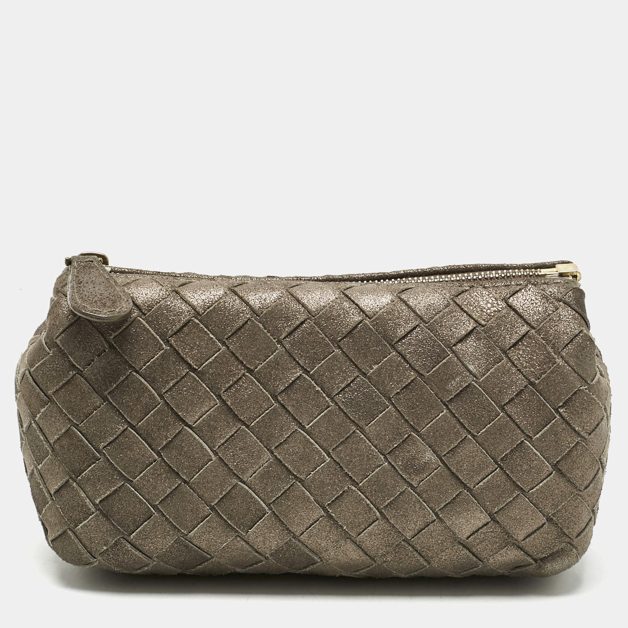 Pre Owned Bottega Veneta Gold/Brown Intrecciato Suede Pouch