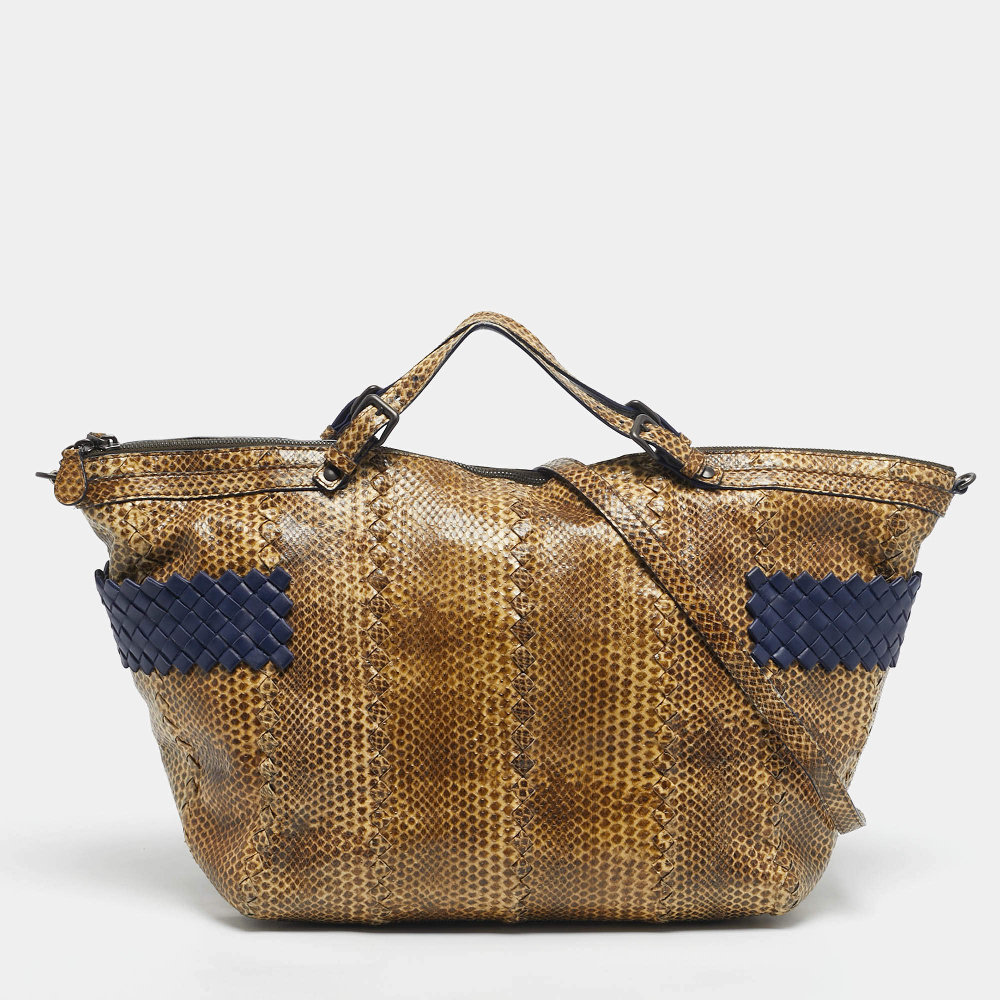 Pre Owned Bottega Veneta Cream/Blue Snakeskin Top Handle Bag