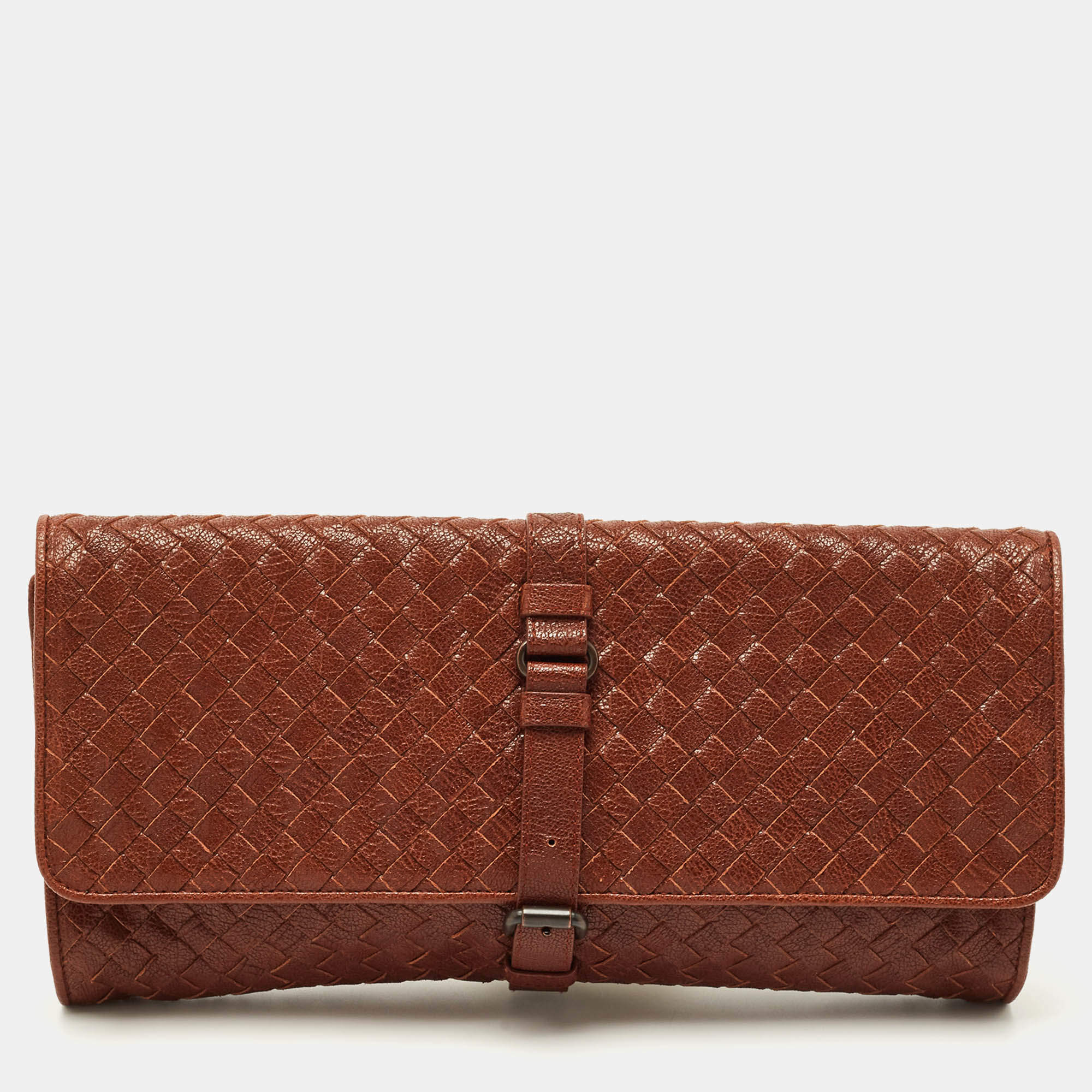 Pre Owned Bottega Veneta Brown Intrecciato Leather Strap Clutch