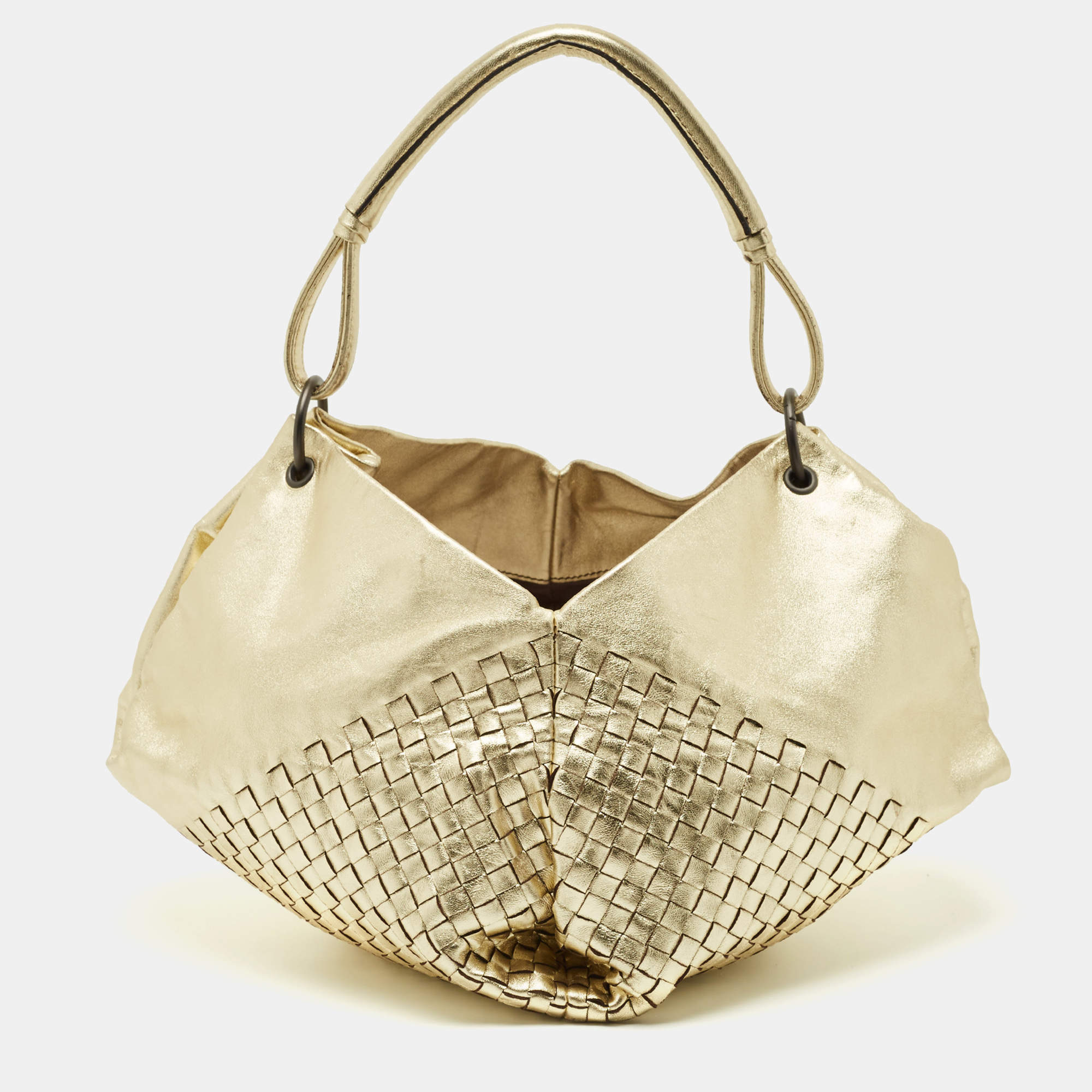 مملوكة مسبقًا Bottega Veneta Metallic Gold Leather Intrecciato Aquilone Fortune Cookie Hobo