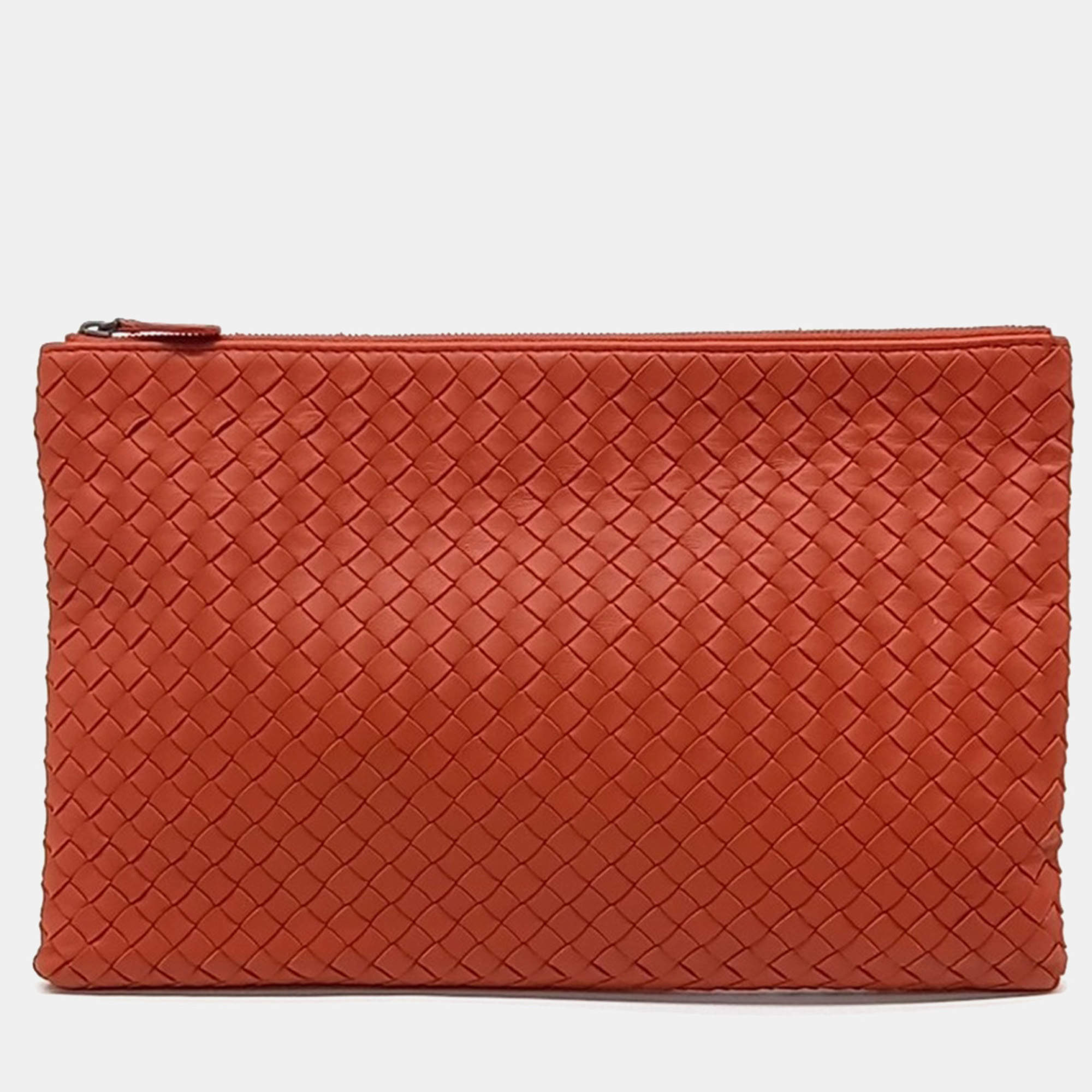 Pre Owned Bottega Veneta Orange Leather mesh clutch