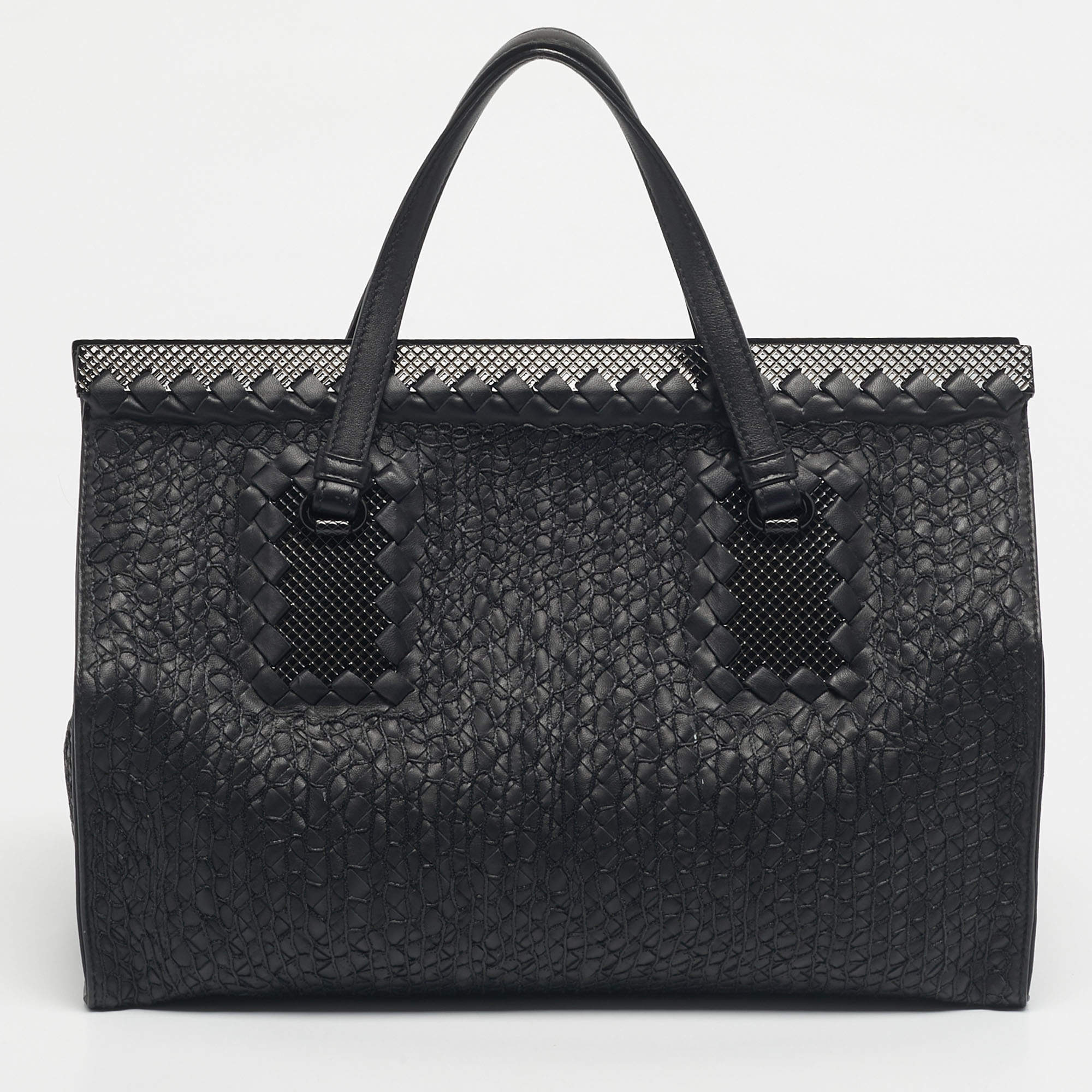 Pre Owned Bottega Veneta Black Embroidered Intrecciato Leather Frame Satchel