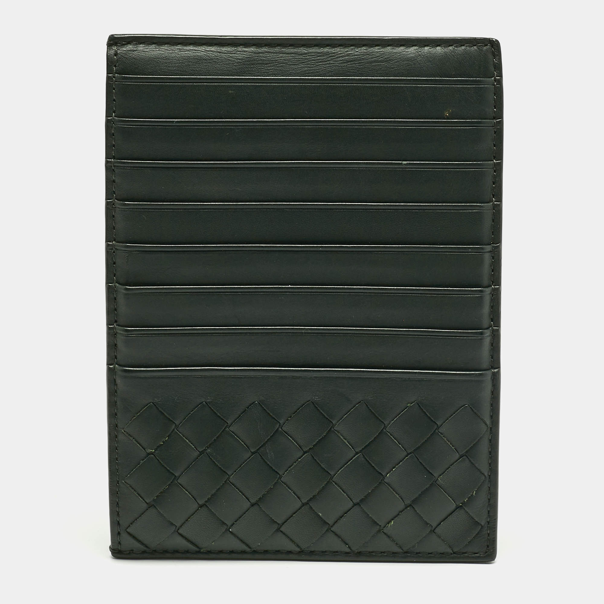Pre Owned Bottega Veneta Dark Green Leather Zip Card Holder