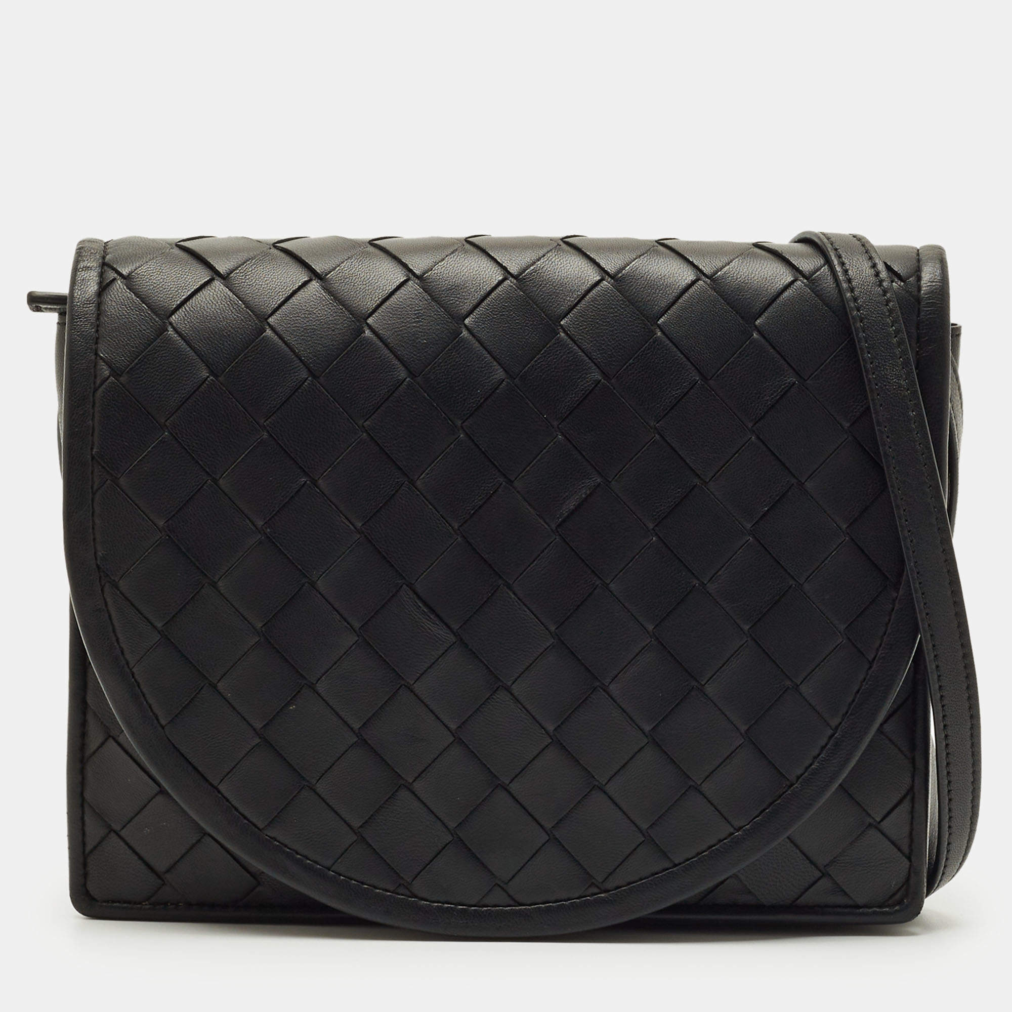Pre Owned Bottega Veneta Black Intrecciato Leather Flap Crossbody Bag
